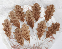 Velvet Oak Leaves - Cinnamon Brown Autumn Artificial Craft Leaf Stems, 10 Pcs.