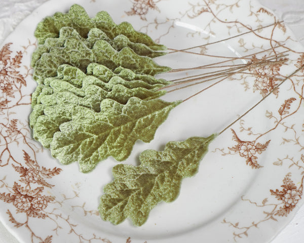 Velvet Oak Leaves - Moss Green Autumn Artificial Craft Leaf Stems, 10 Pcs.