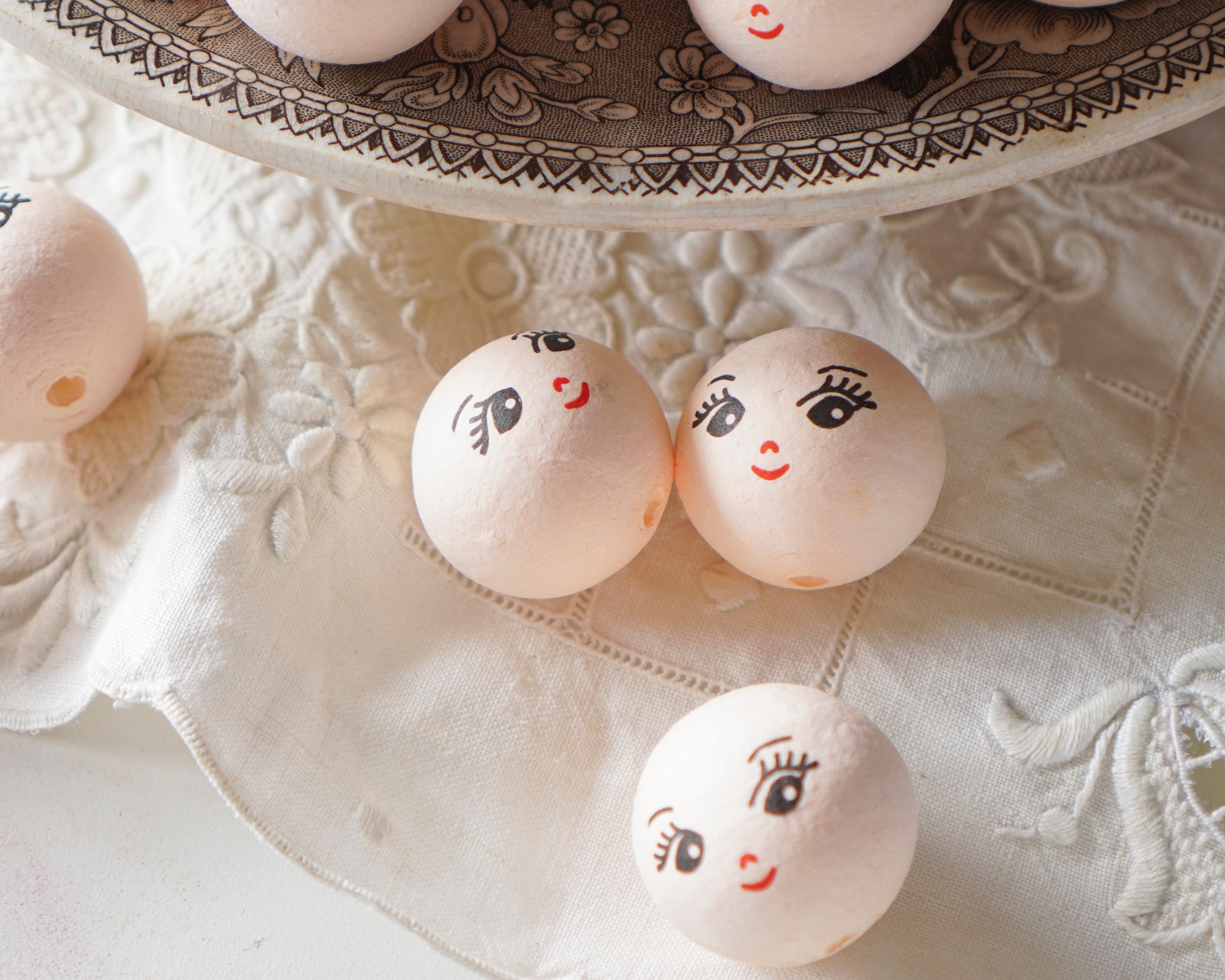 Cream Spun Cotton Heads: CHARM - 30mm Vintage-Style Cotton Doll Heads with Faces, 12 Pcs.