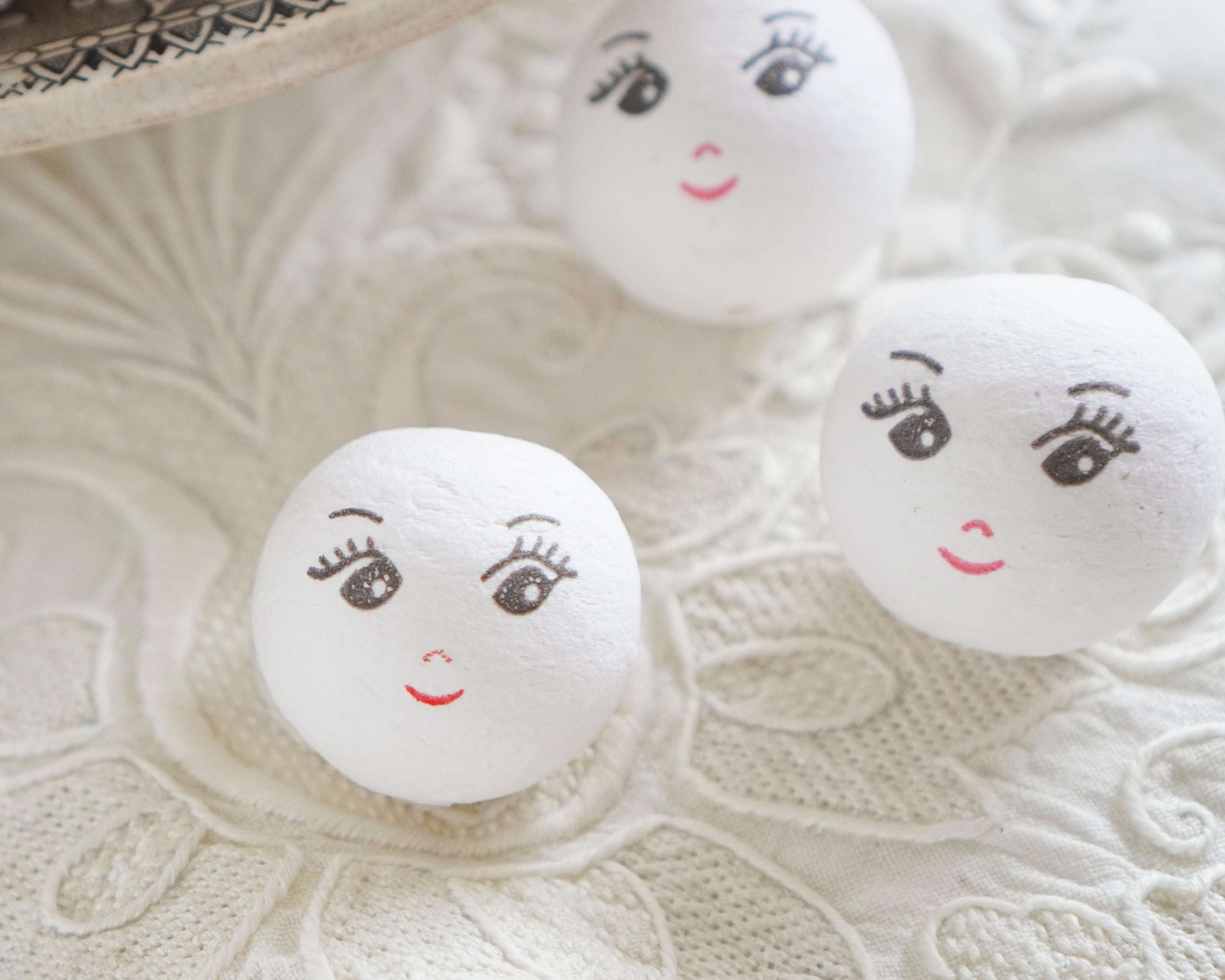 Spun Cotton Heads: CHARM - 30mm Vintage-Style Cotton Doll Heads with Faces, 12 Pcs.