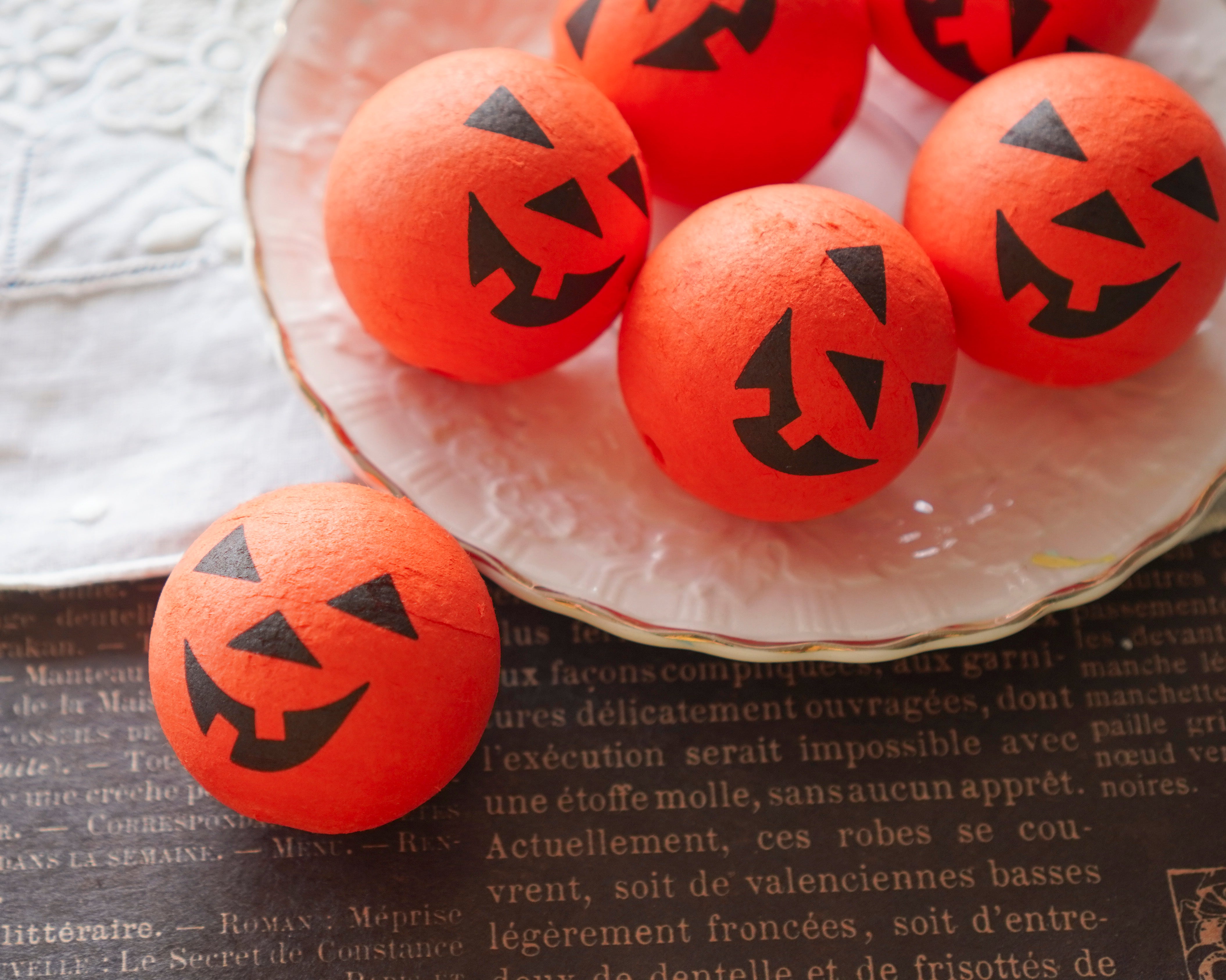 Large Spun Cotton Heads: JACK O' LANTERN - 40mm Vintage Style  Pumpkin Heads, 6 Pcs.