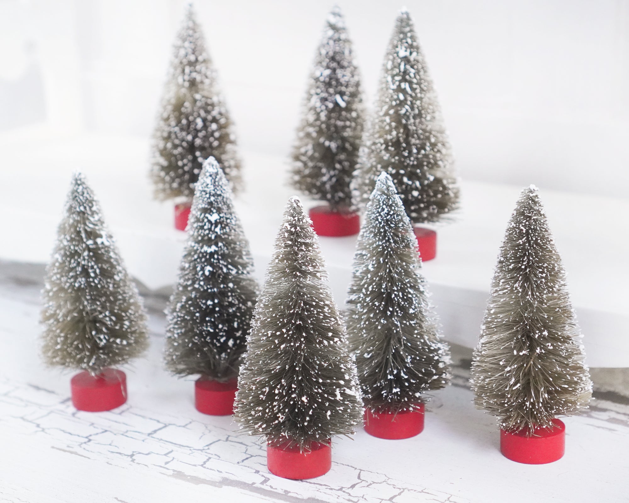 Christmas Village Bottle Brush Trees - 4-Inch Antique Style Frosted Sisal Trees, 8 Pcs.