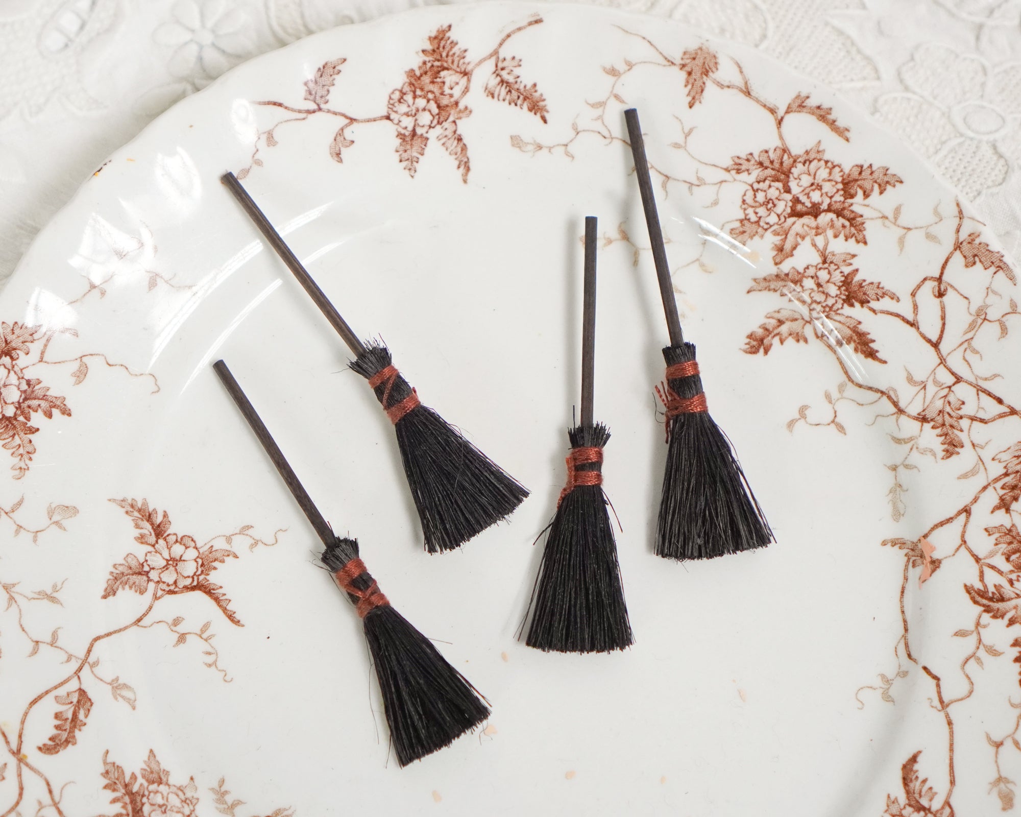 Miniature Witch Brooms - 4 Small Black Sisal Mini Halloween Hearth Brooms