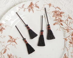 Miniature Witch Brooms - 4 Small Black Sisal Mini Halloween Hearth Brooms