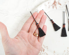 Miniature Witch Brooms - 4 Small Black Sisal Mini Halloween Hearth Brooms