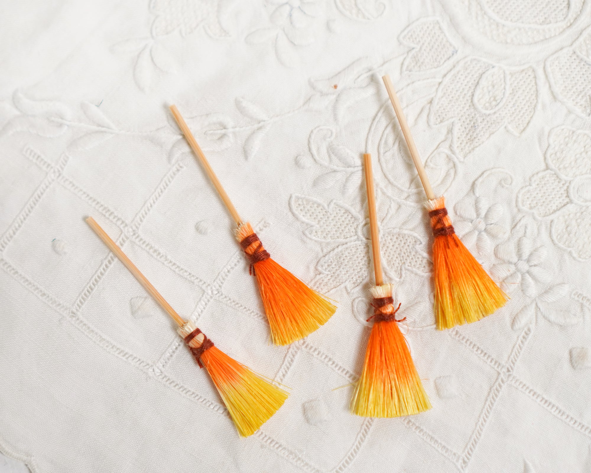 Miniature Candy Corn Brooms - 4 Tiny Dip-Dyed Sisal Mini Halloween Brooms