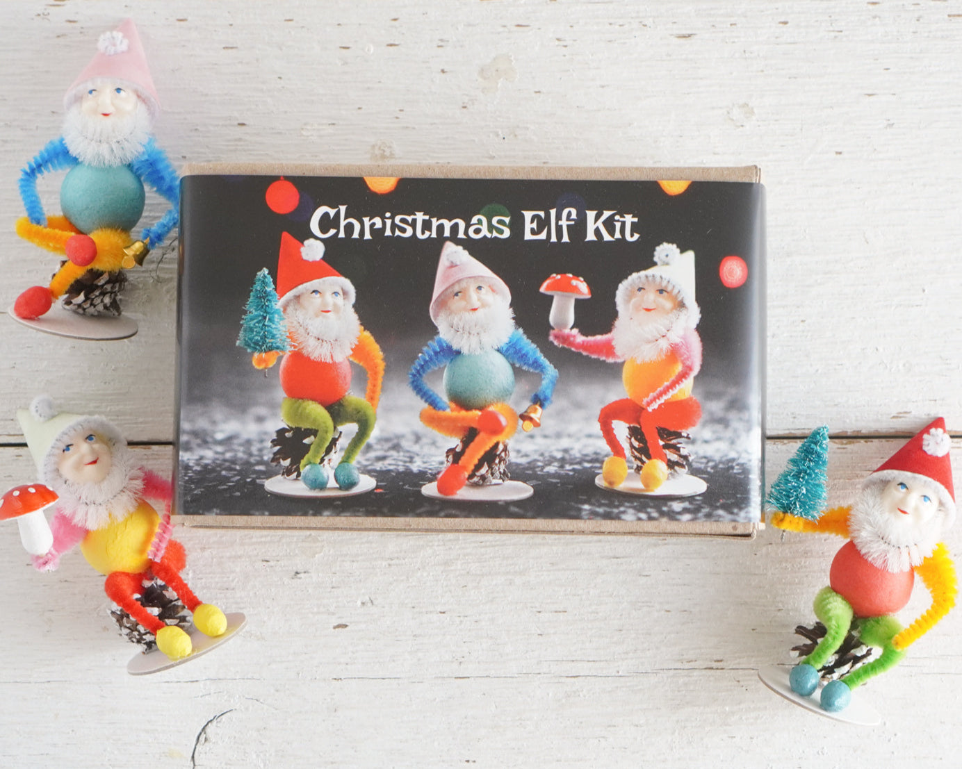 Christmas Elf Craft Kit - DIY Retro Spun Cotton and Pine Cone Elves