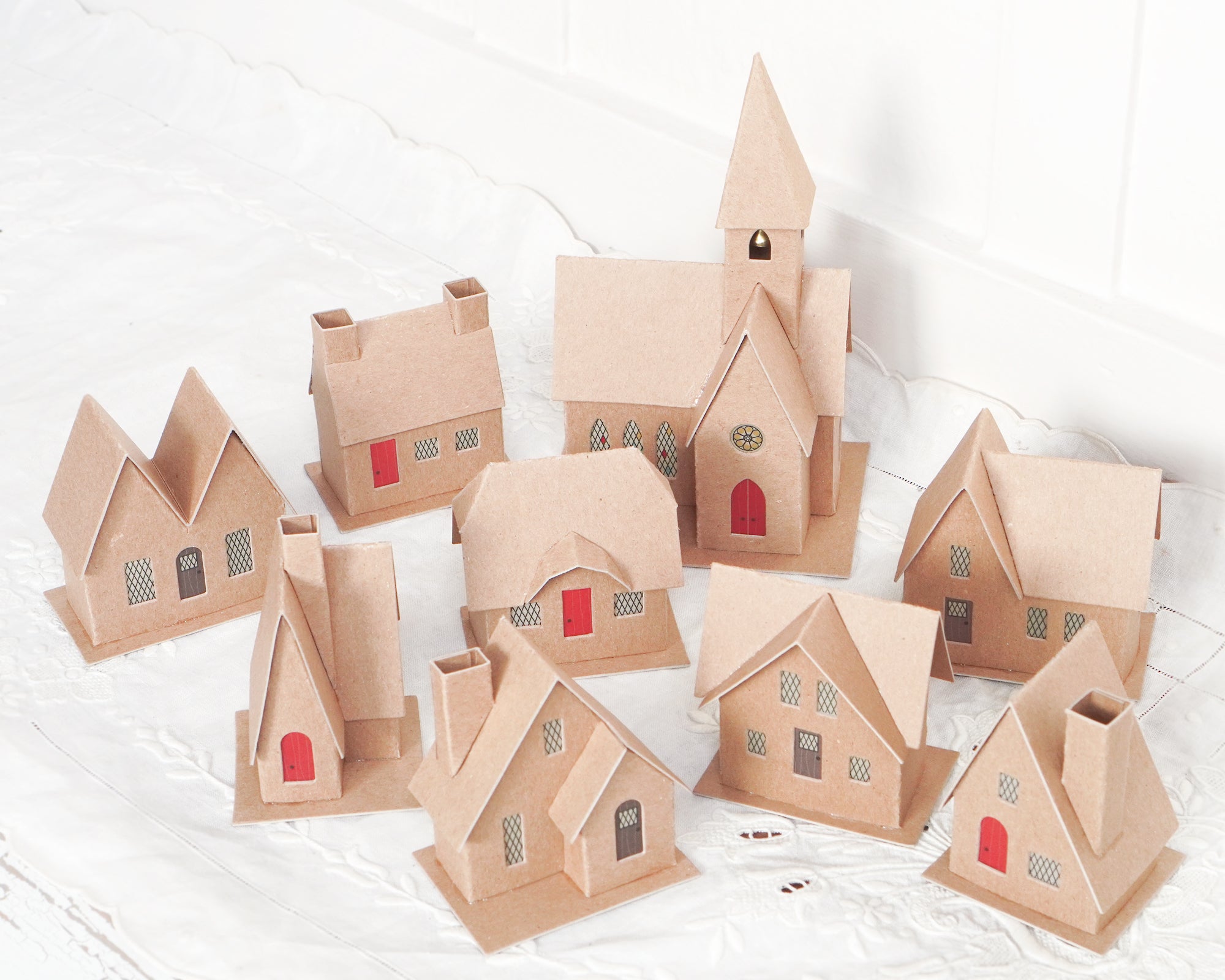 DIY Christmas Village Kit 8 Flat Pack Putz Houses with Church Included
