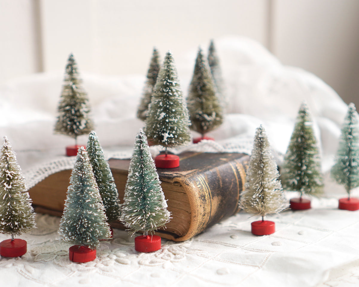 Miniature Bottle Brush Trees - Antique Style Frosted Sisal Trees, 12 Pcs.