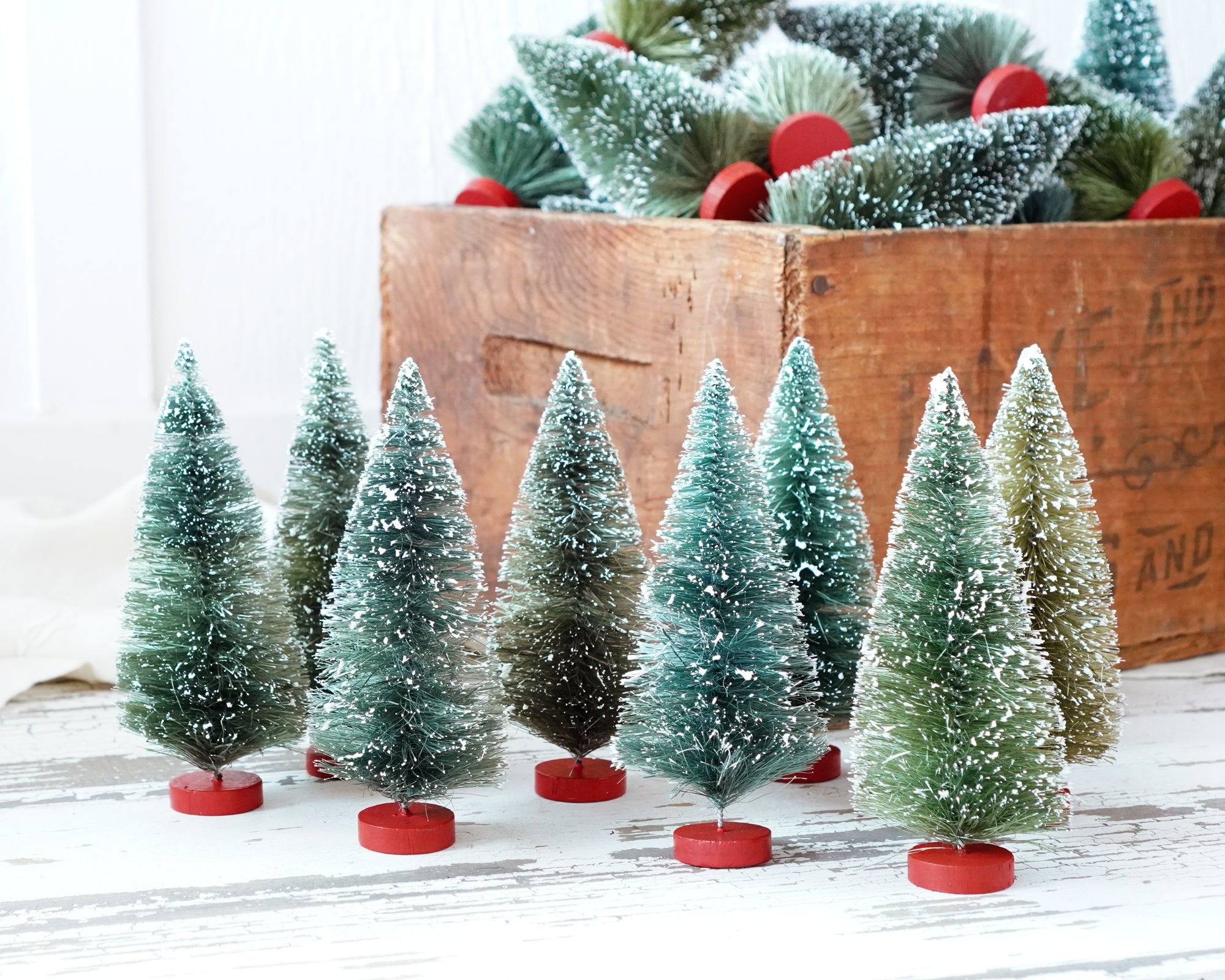 Bottle Brush Tree Forest - 5.5-6 Inch Antique Style Frosted Sisal Christmas Trees, 8 Pcs.