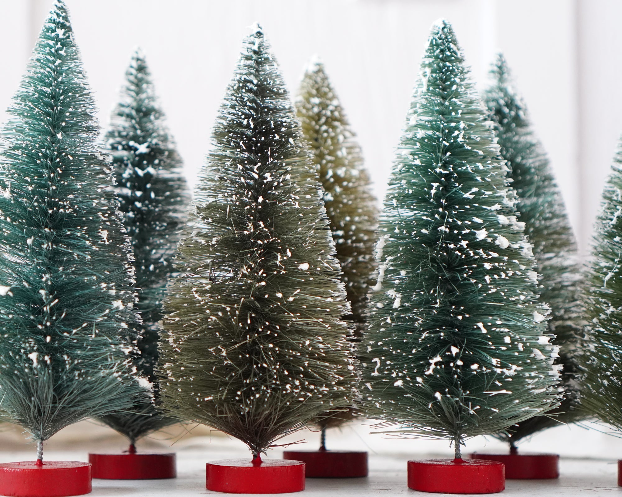 Bottle Brush Tree Forest - 5.5-6 Inch Antique Style Frosted Sisal Christmas Trees, 8 Pcs.