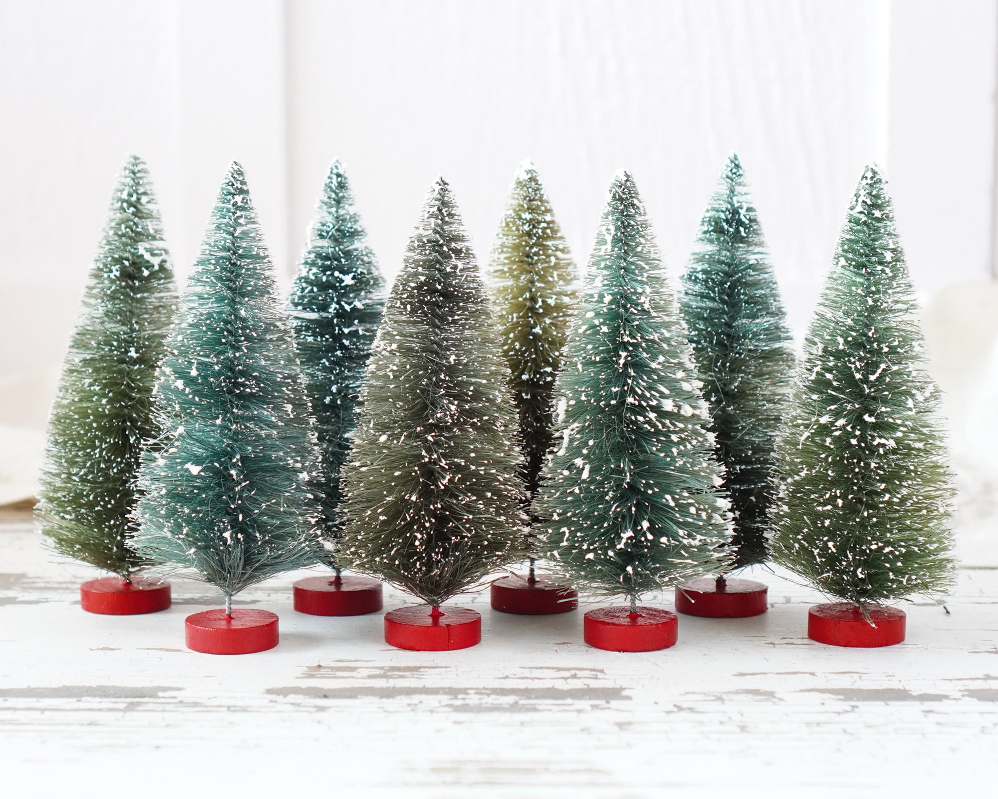 Bottle Brush Tree Forest - 5.5-6 Inch Antique Style Frosted Sisal Christmas Trees, 8 Pcs.