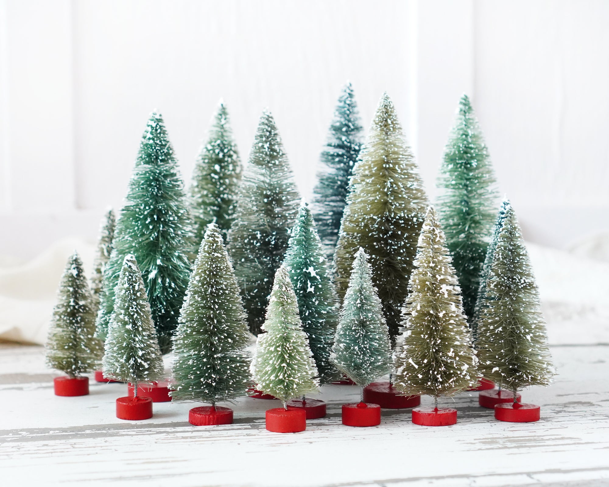 Mixed Size Bottle Brush Tree Set - 2.5-6 Inch Antique Style Frosted Sisal Christmas Trees, 16 Pcs.