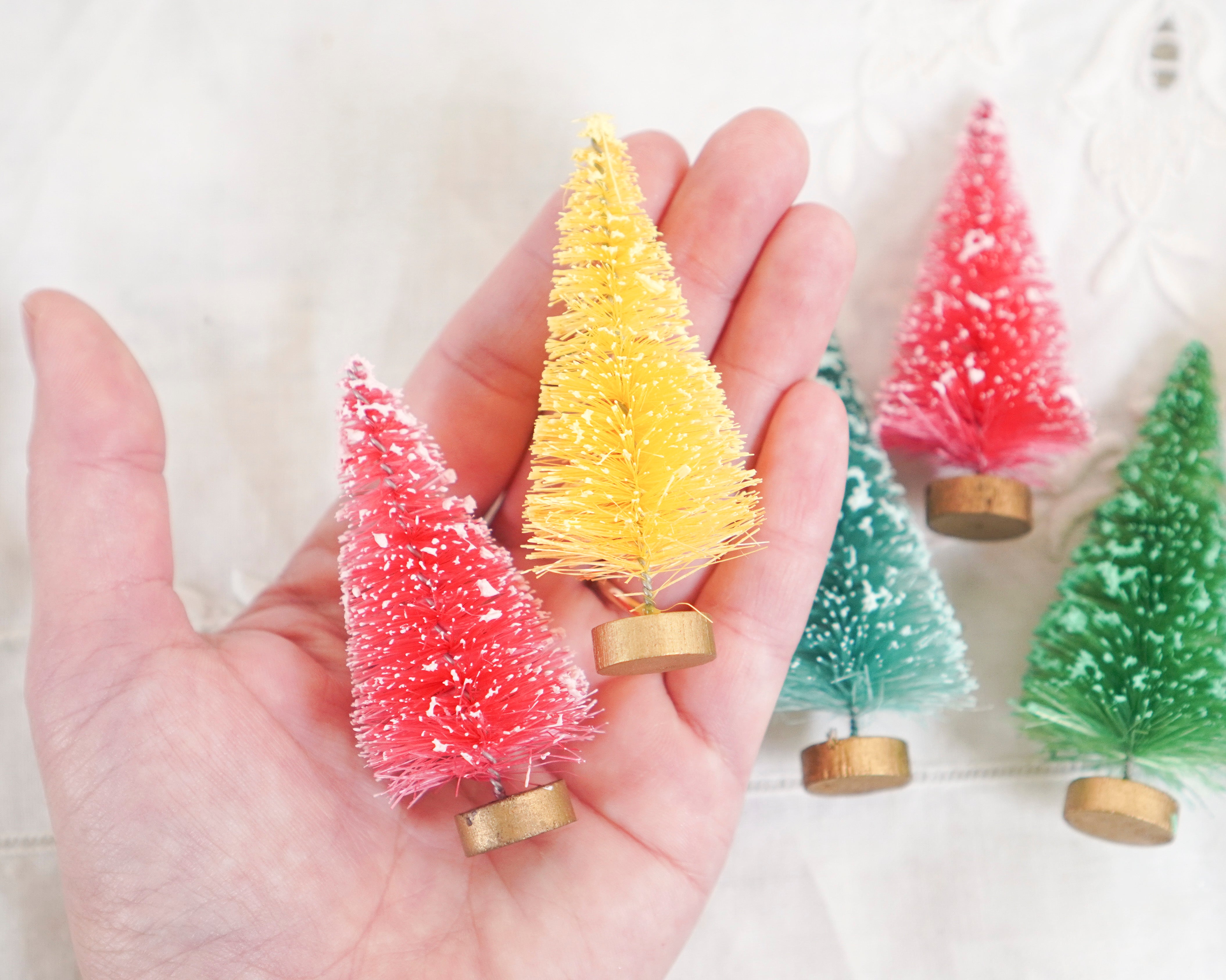 Miniature Frosted Rainbow Candy Colored Bottle Brush Trees, 7 Pcs.