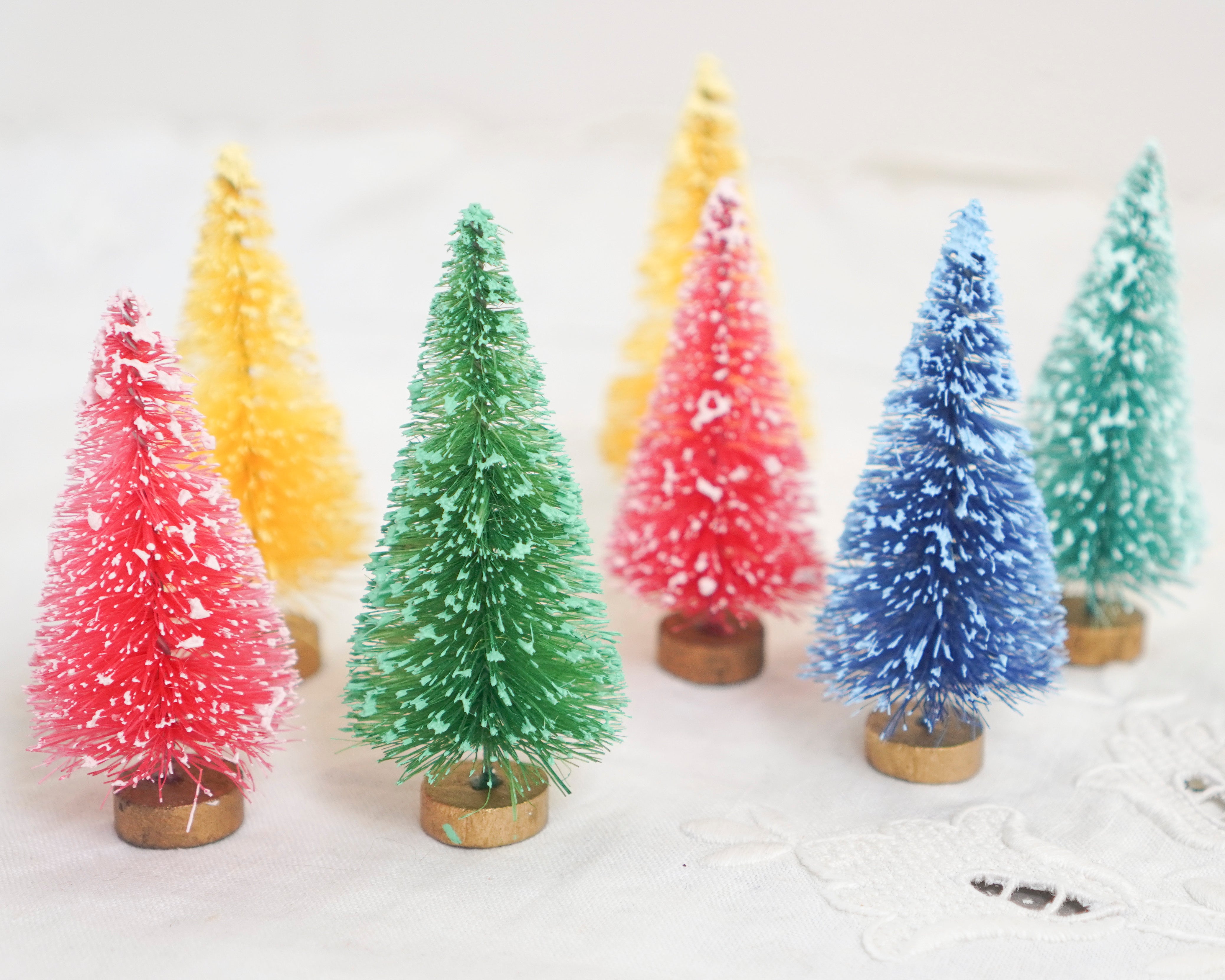 Miniature Frosted Rainbow Candy Colored Bottle Brush Trees, 7 Pcs.