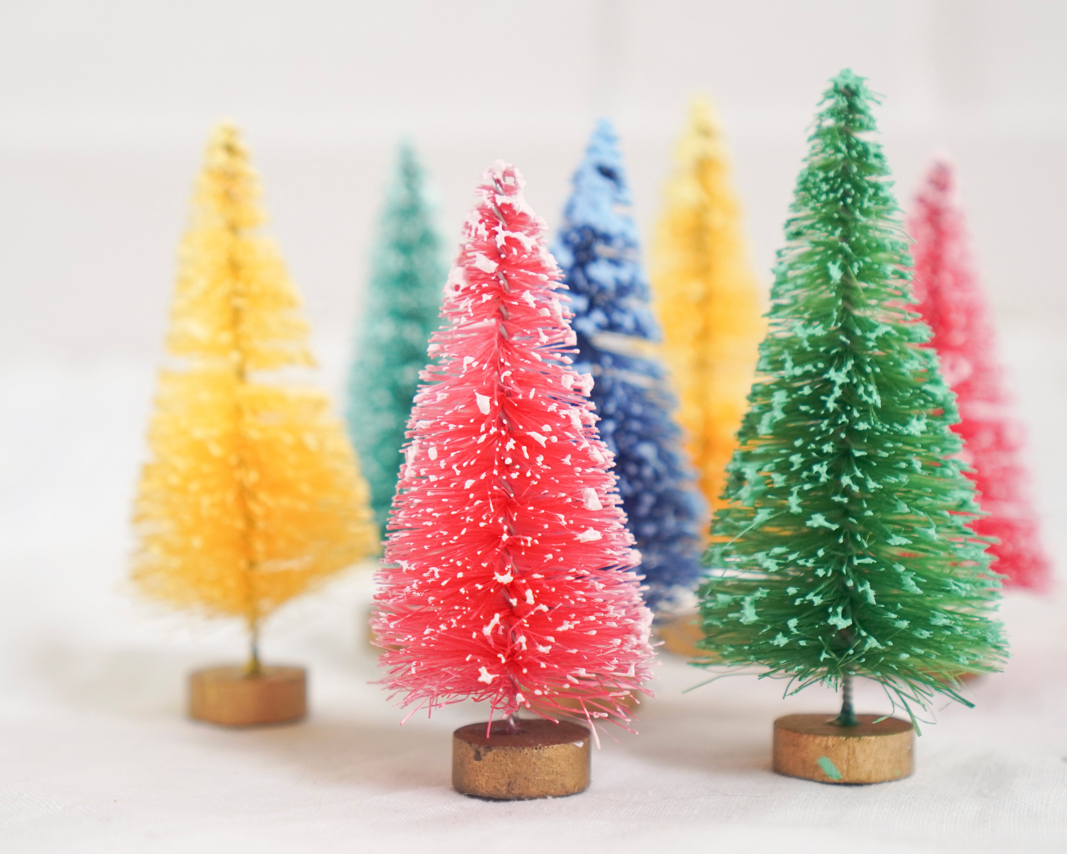 Miniature Frosted Rainbow Candy Colored Bottle Brush Trees, 7 Pcs.