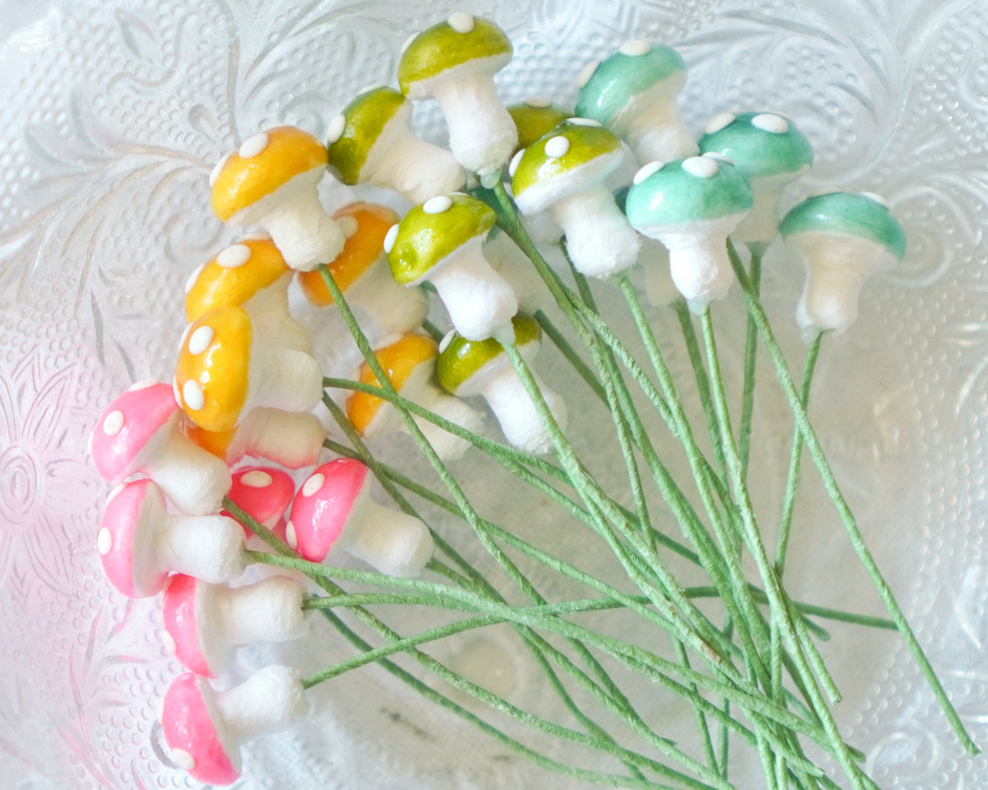 Mini German Spun Cotton Mushrooms - Mixed Spring Colors, 24 Pcs.