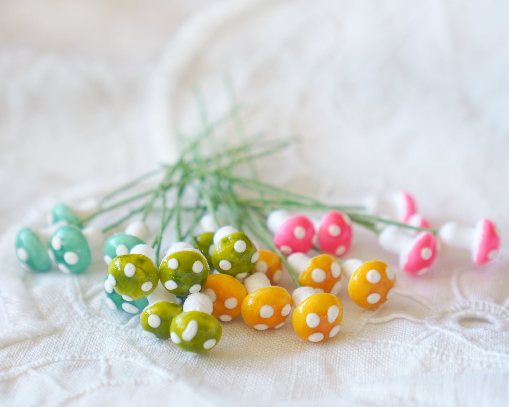 Mini German Spun Cotton Mushrooms - Mixed Spring Colors, 24 Pcs.