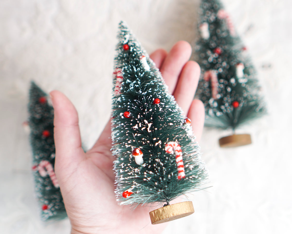 Fancy Decorated Bottle Brush Trees, 5.5-6 Inches, 3 Pcs.
