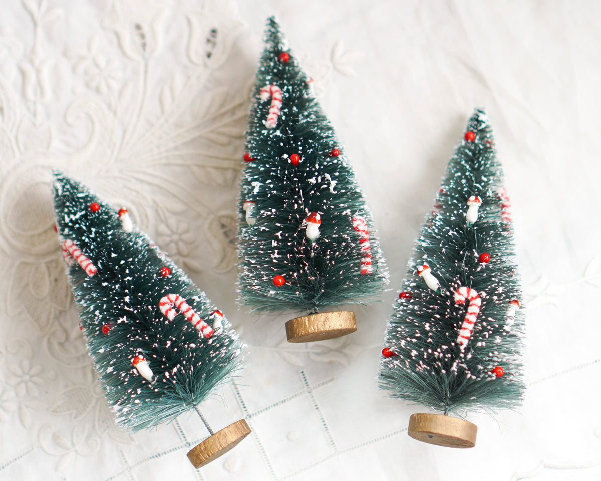 Fancy Decorated Bottle Brush Trees, 5.5-6 Inches, 3 Pcs.
