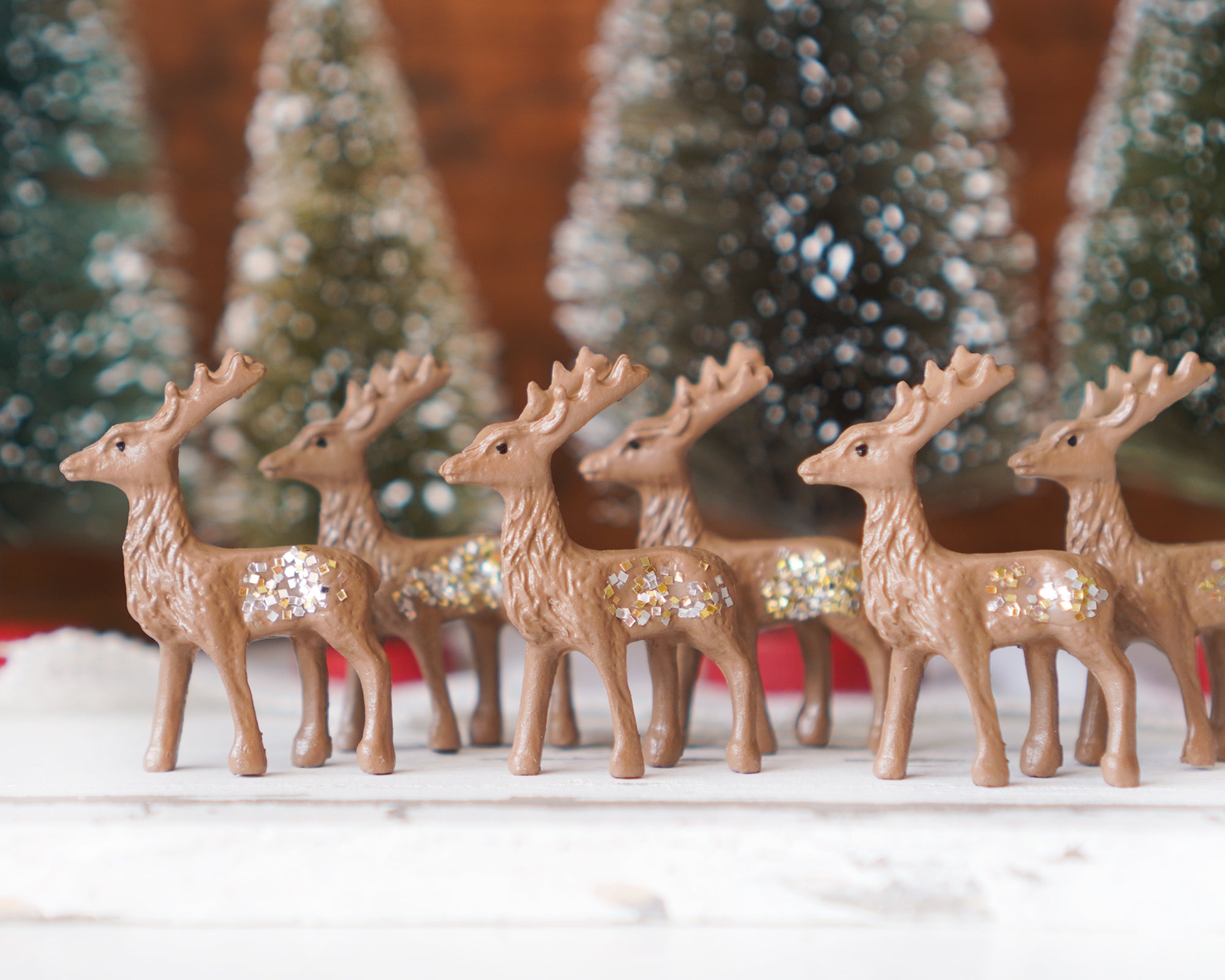Miniature Deer - 6 Brown Plastic Reindeer Figurines with Glitter