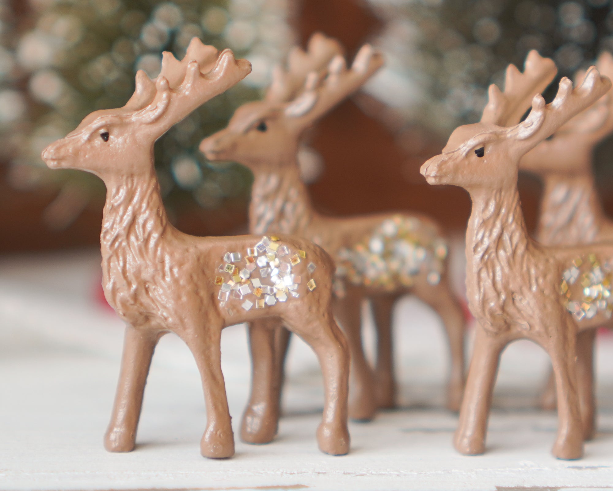 Miniature Deer - 6 Brown Plastic Reindeer Figurines with Glitter