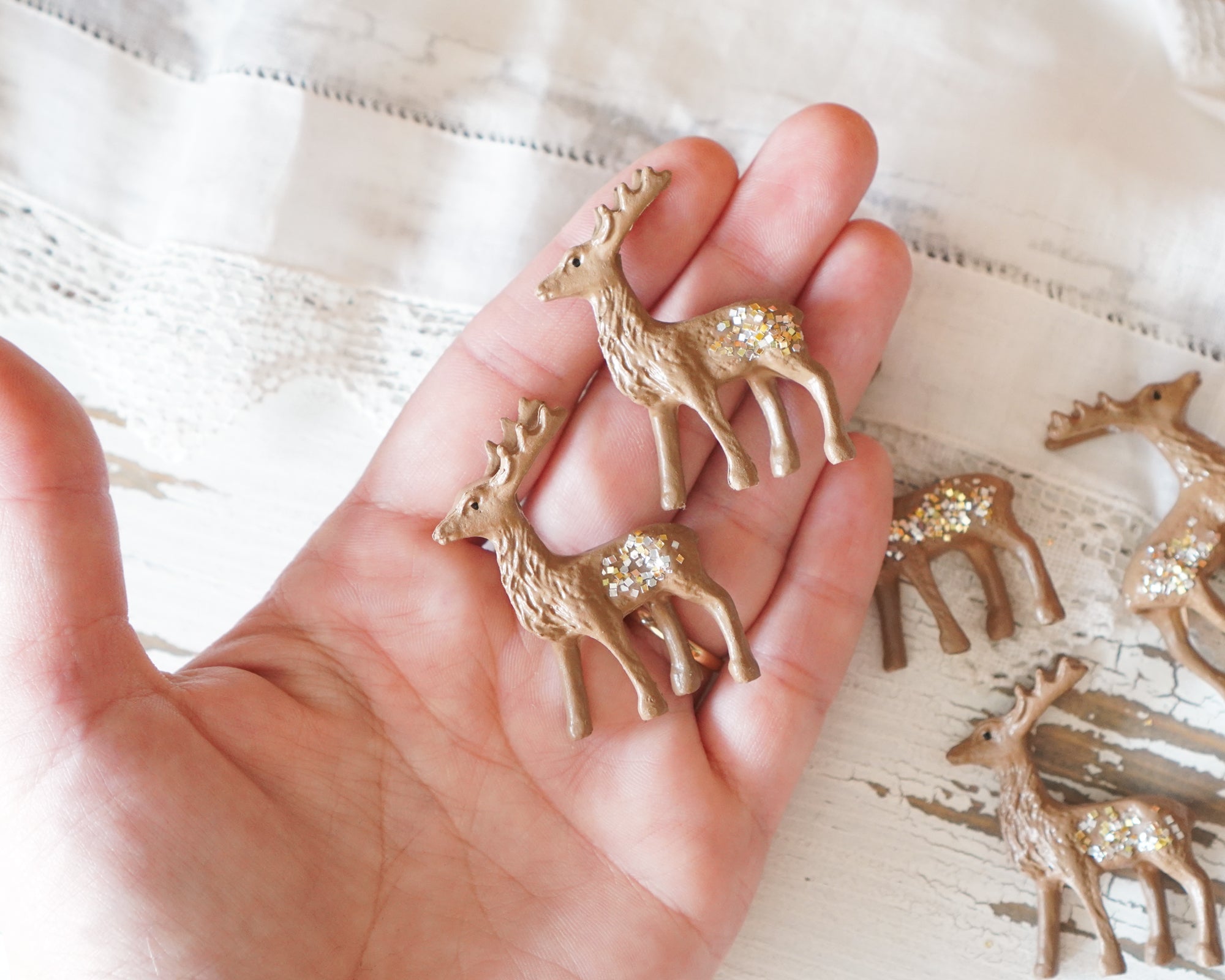 Miniature Deer - 6 Brown Plastic Reindeer Figurines with Glitter
