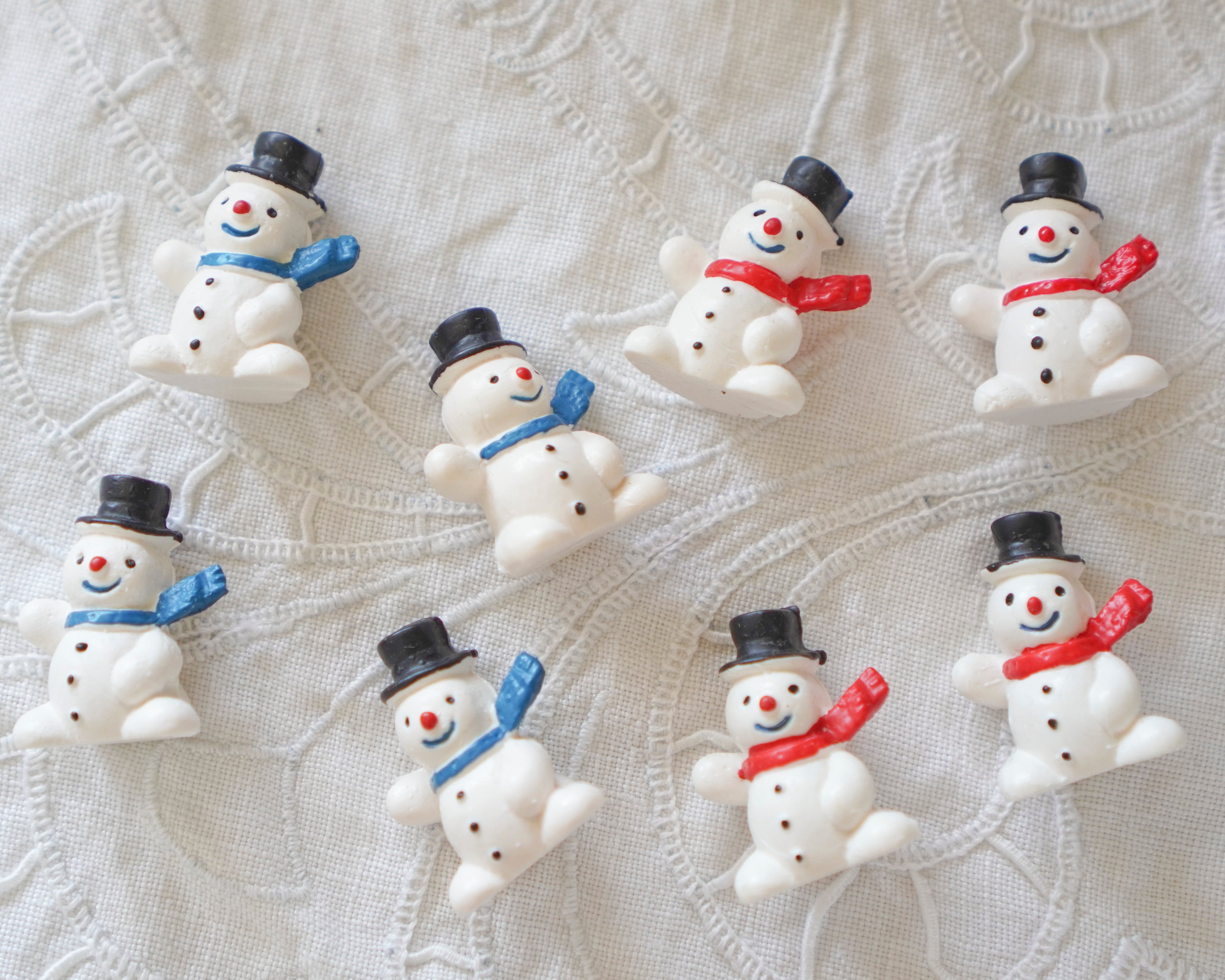German Miniature Snowman Figurines with Red and Blue Scarves
