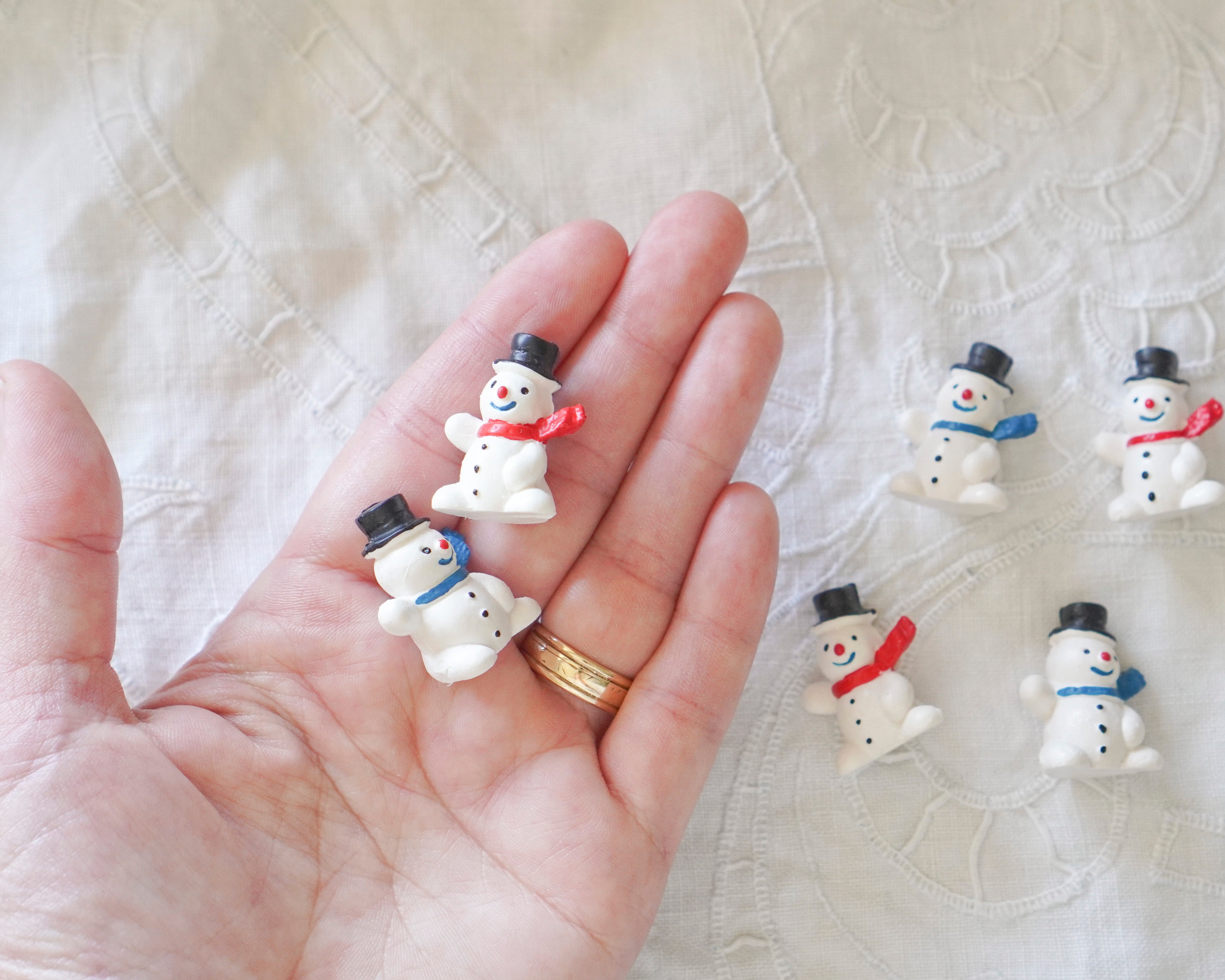 German Miniature Snowman Figurines with Red and Blue Scarves