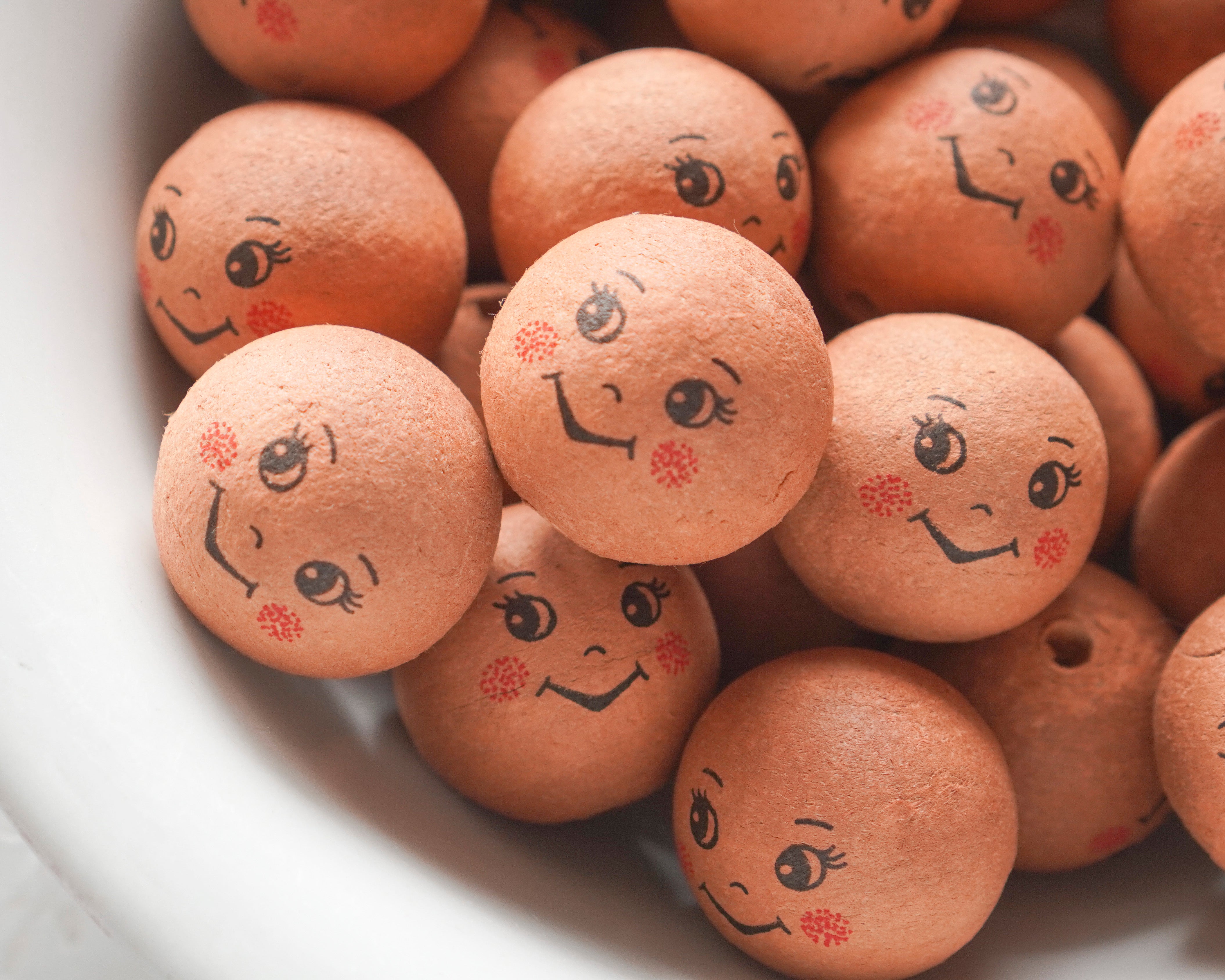 30mm Spun Cotton Heads: PIXIE - Brown Vintage-Style Elf Heads with Faces, 12 Pcs.