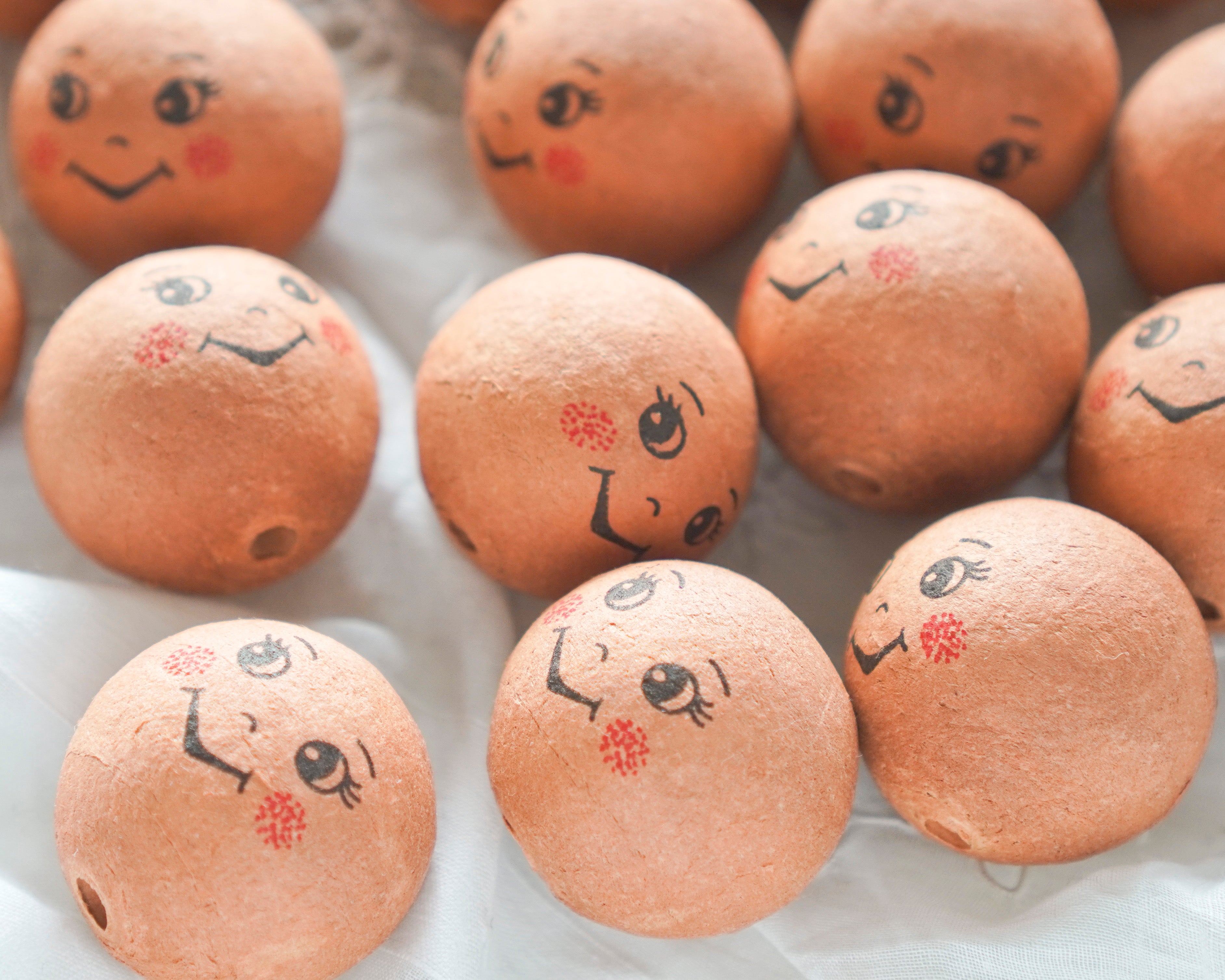 30mm Spun Cotton Heads: PIXIE - Brown Vintage-Style Elf Heads with Faces, 12 Pcs.