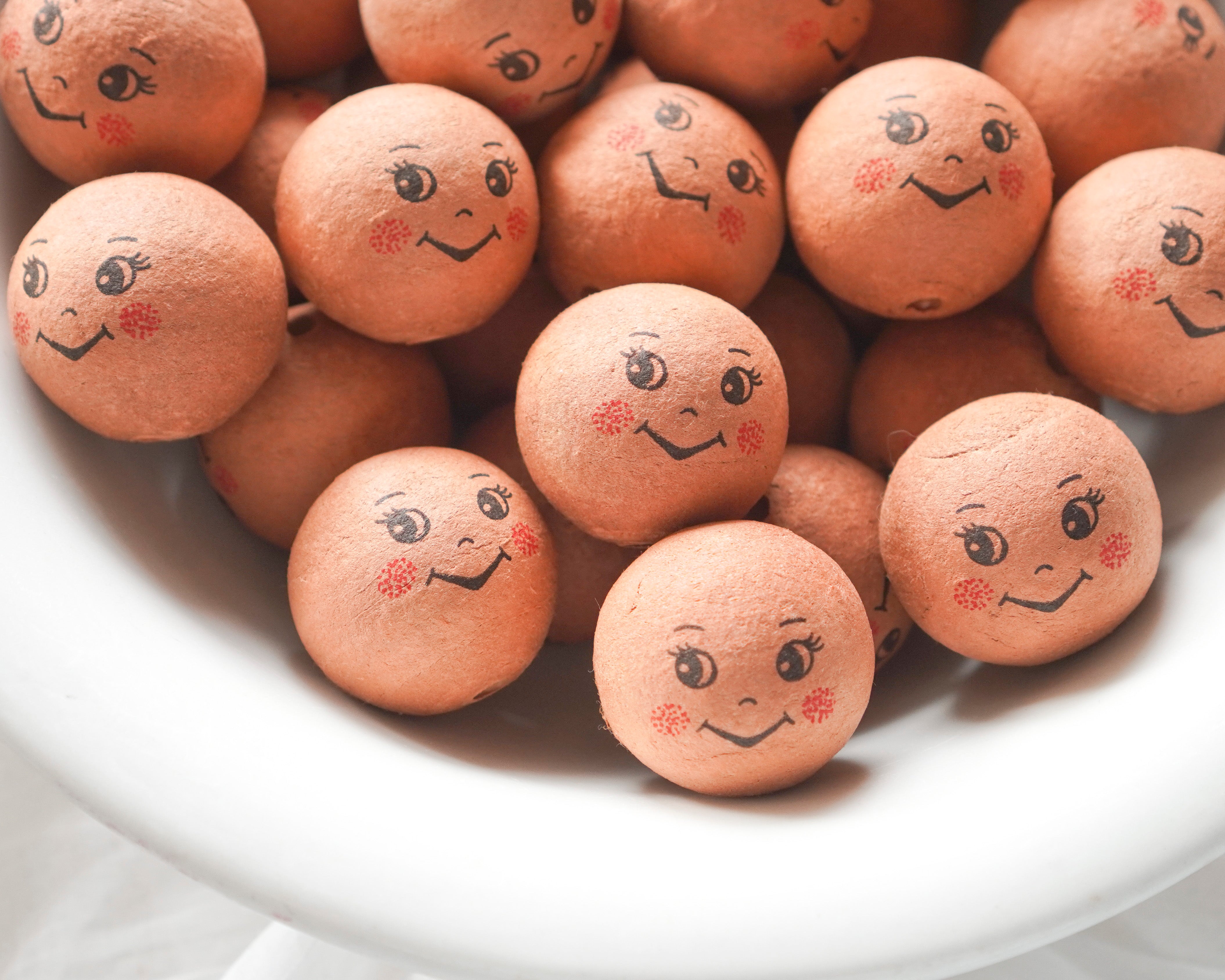 30mm Spun Cotton Heads: PIXIE - Brown Vintage-Style Elf Heads with Faces, 12 Pcs.