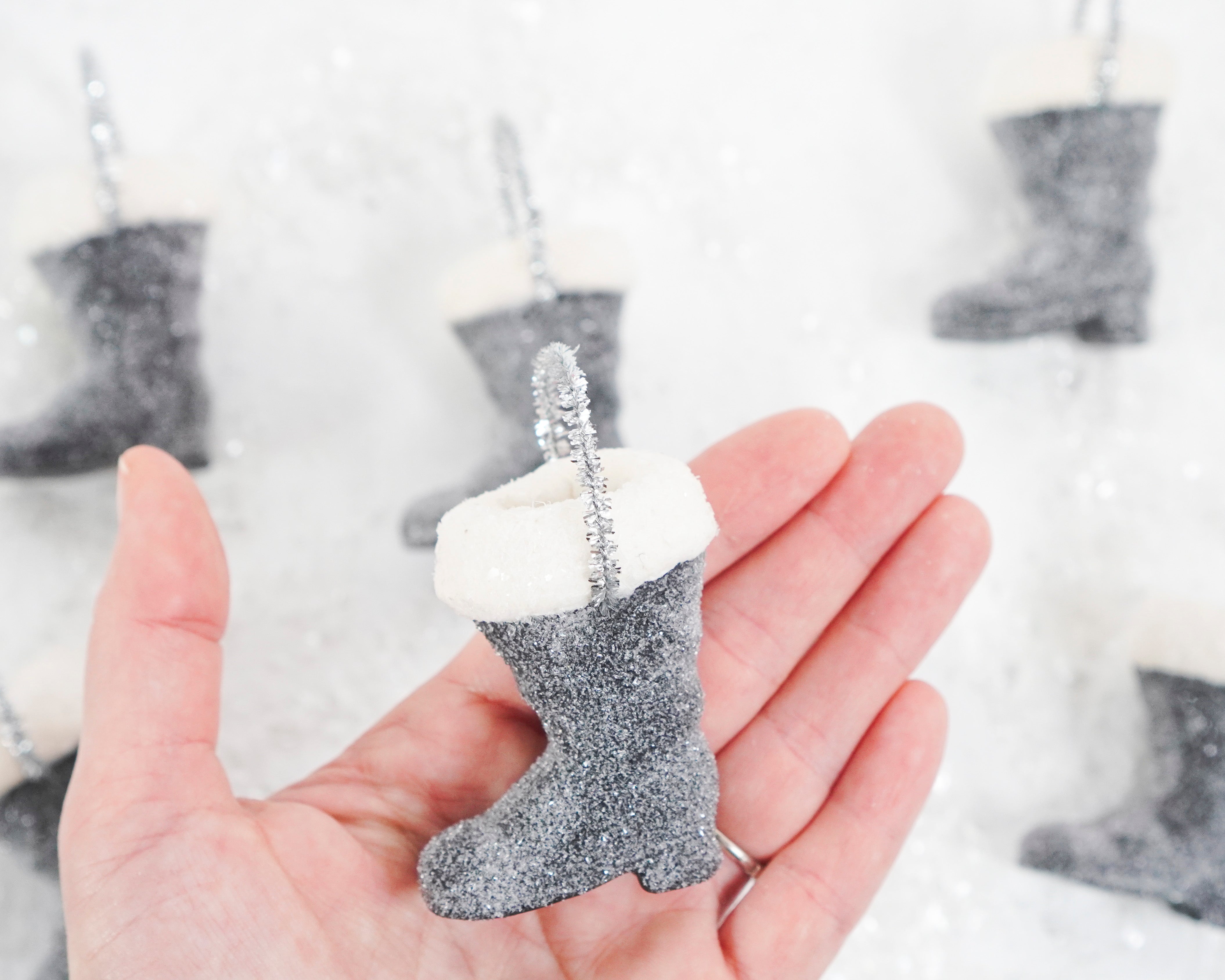 Mini Santa Boot Ornament - Black Frosted Paper Mache with Cotton Trim