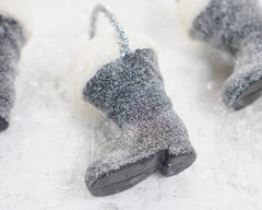 Mini Santa Boot Ornament - Black Frosted Paper Mache with Cotton Trim