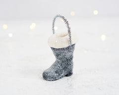 Mini Santa Boot Ornament - Black Frosted Paper Mache with Cotton Trim