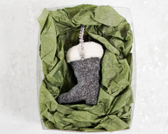 Mini Santa Boot Ornament - Black Frosted Paper Mache with Cotton Trim