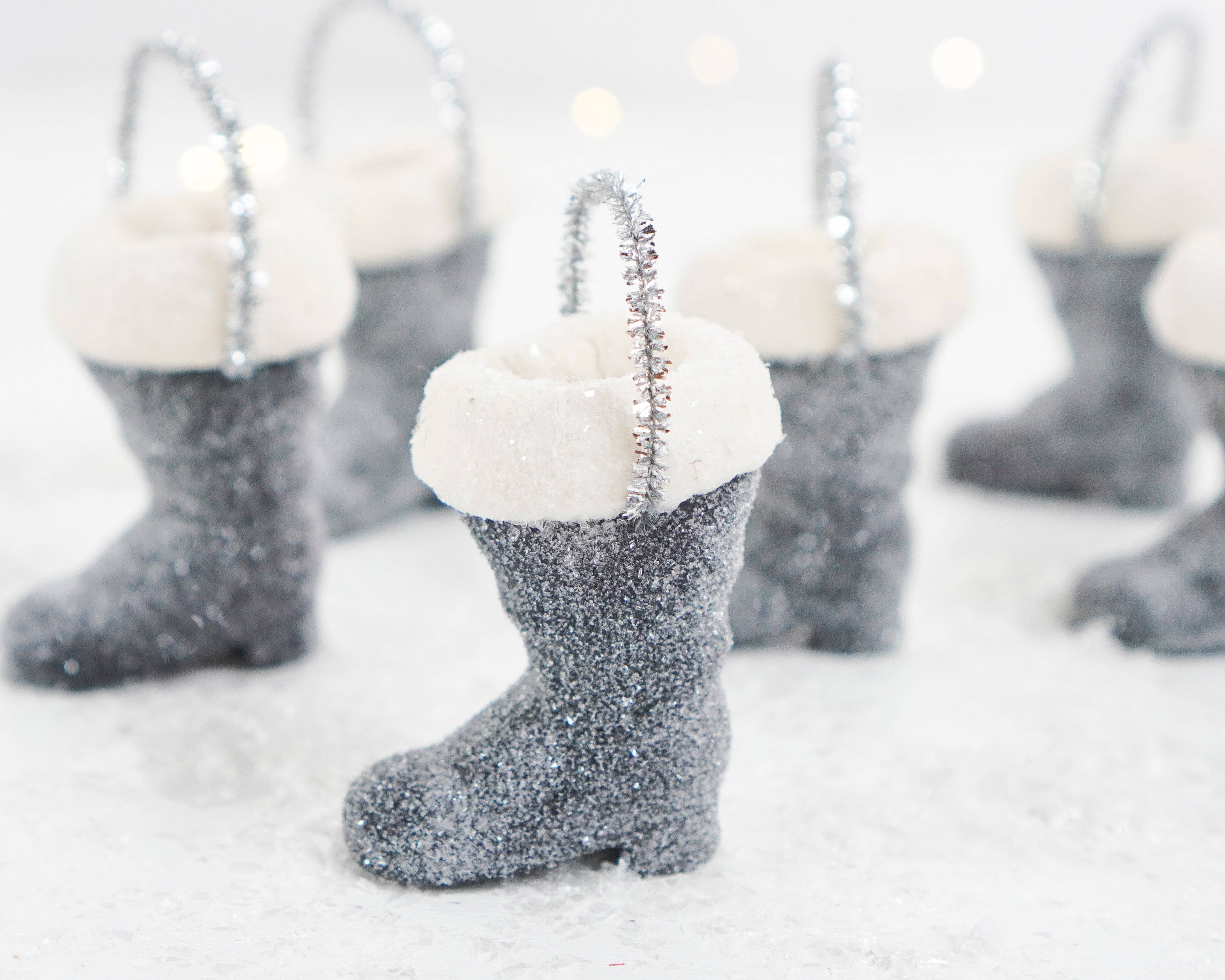 Mini Santa Boot Ornament - Black Frosted Paper Mache with Cotton Trim