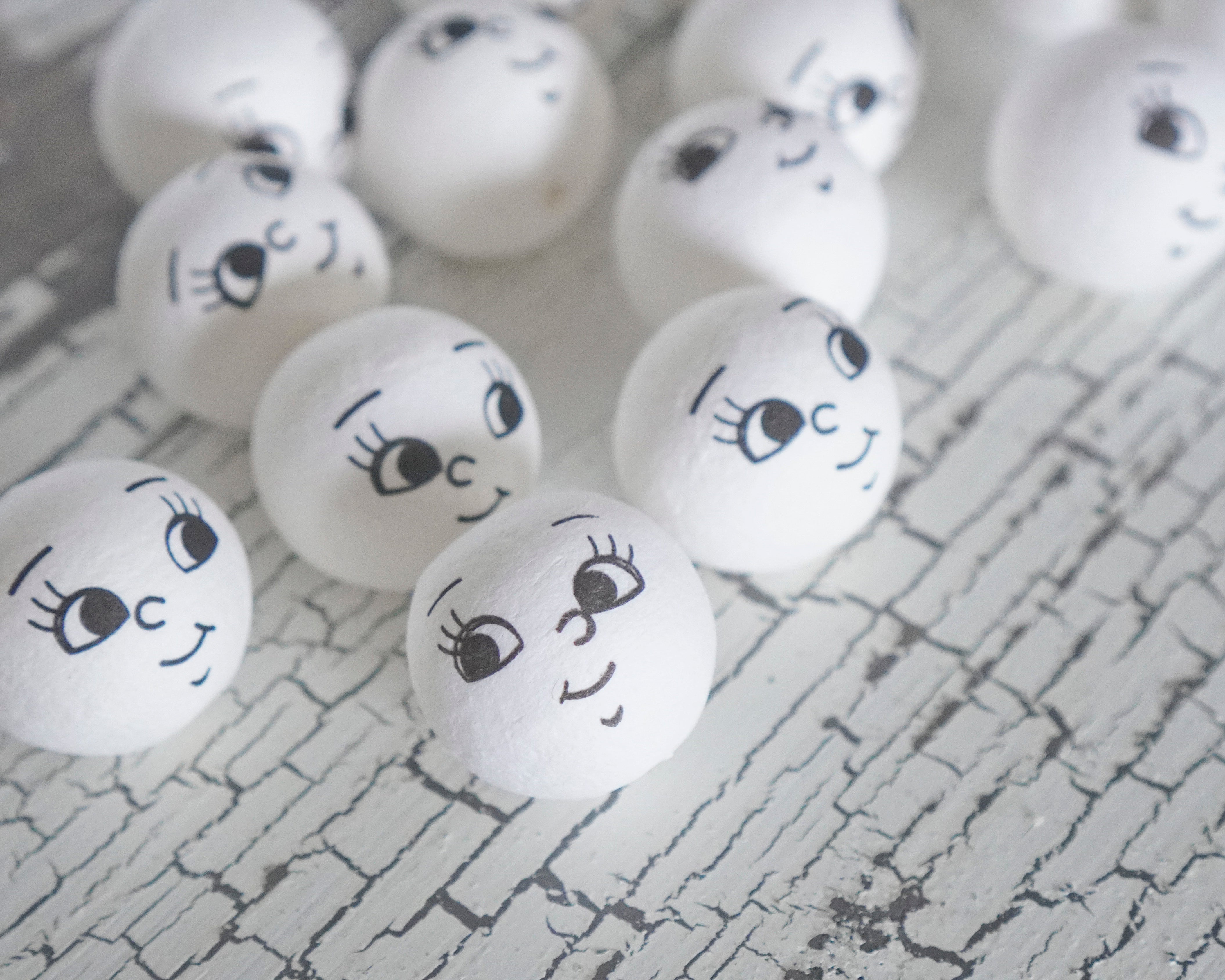 30mm Spun Cotton Heads: BRIGHT EYES - Vintage-Style Craft Heads with Faces, 12 Pcs.