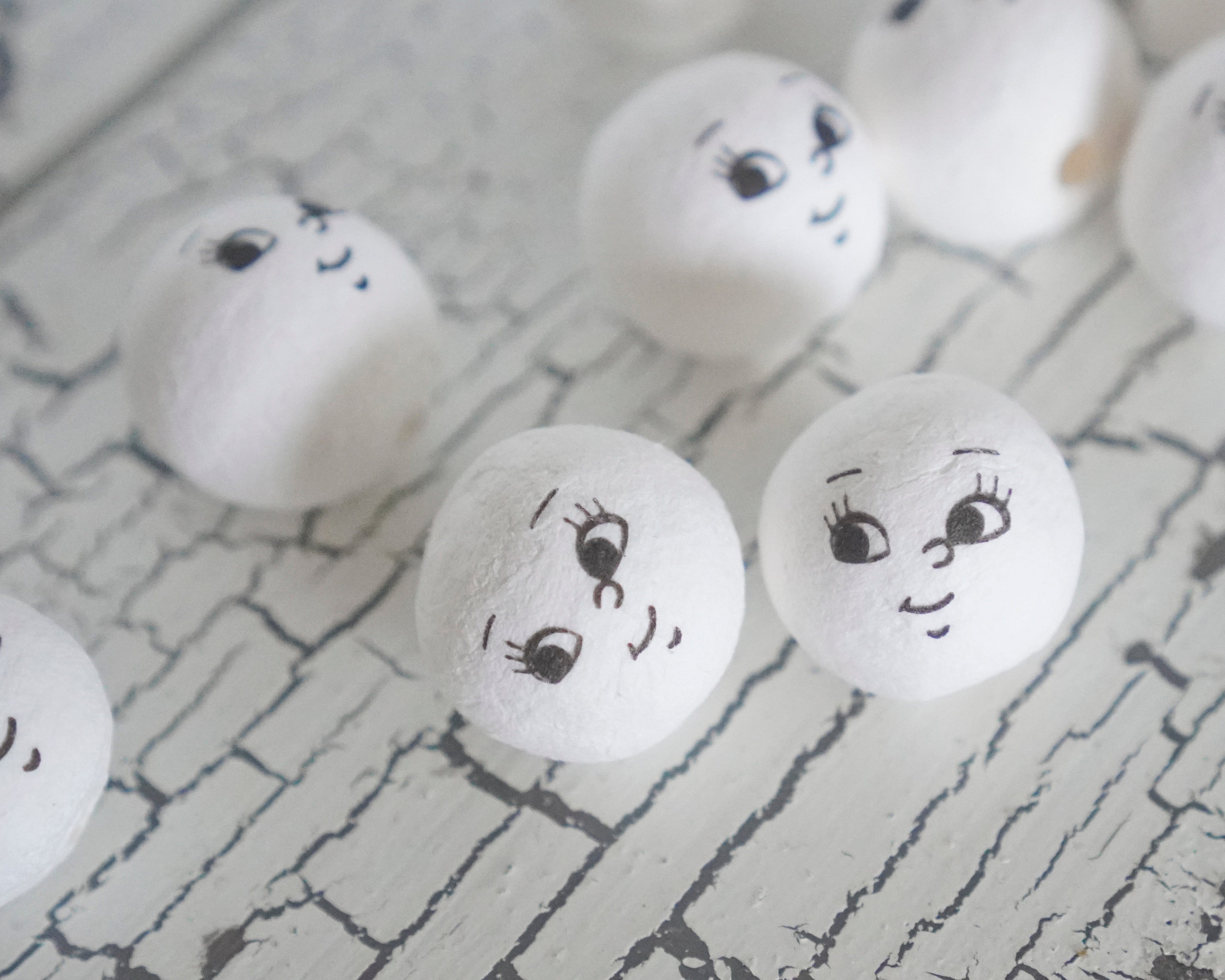 20mm Spun Cotton Heads: BRIGHT EYES - Vintage-Style Craft Heads with Faces, 12 Pcs.