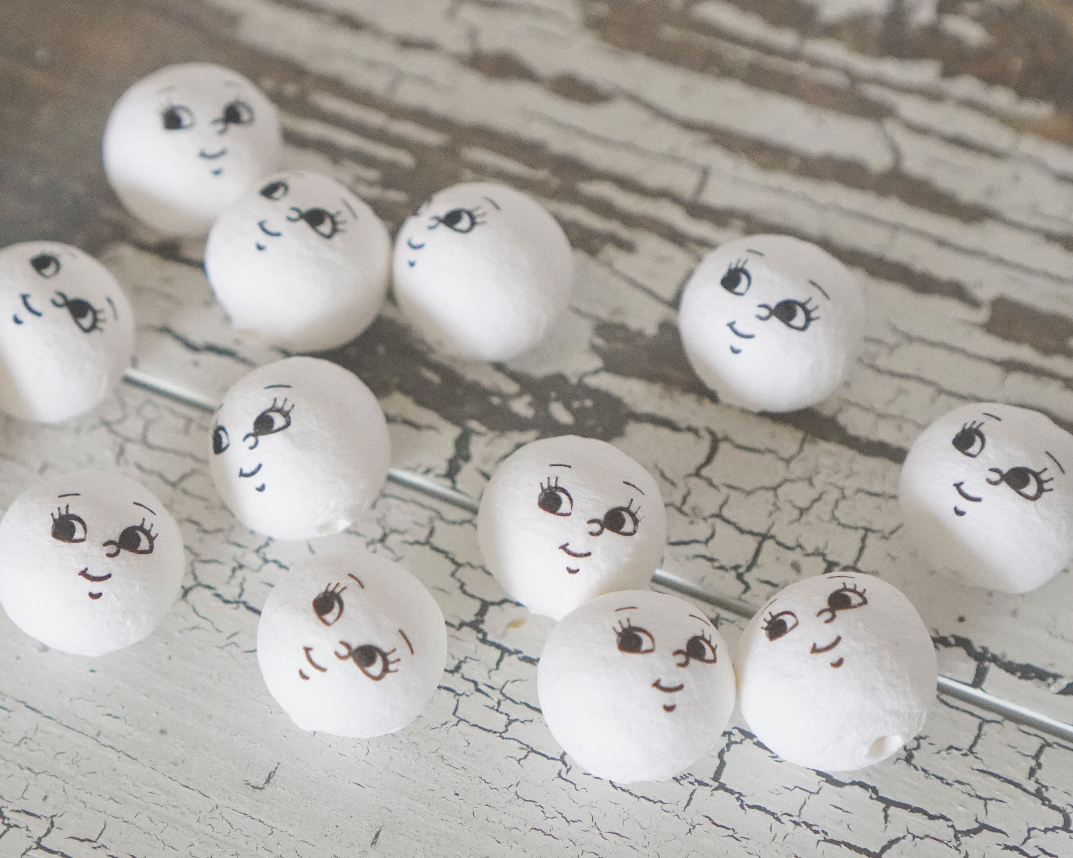 20mm Spun Cotton Heads: BRIGHT EYES - Vintage-Style Craft Heads with Faces, 12 Pcs.