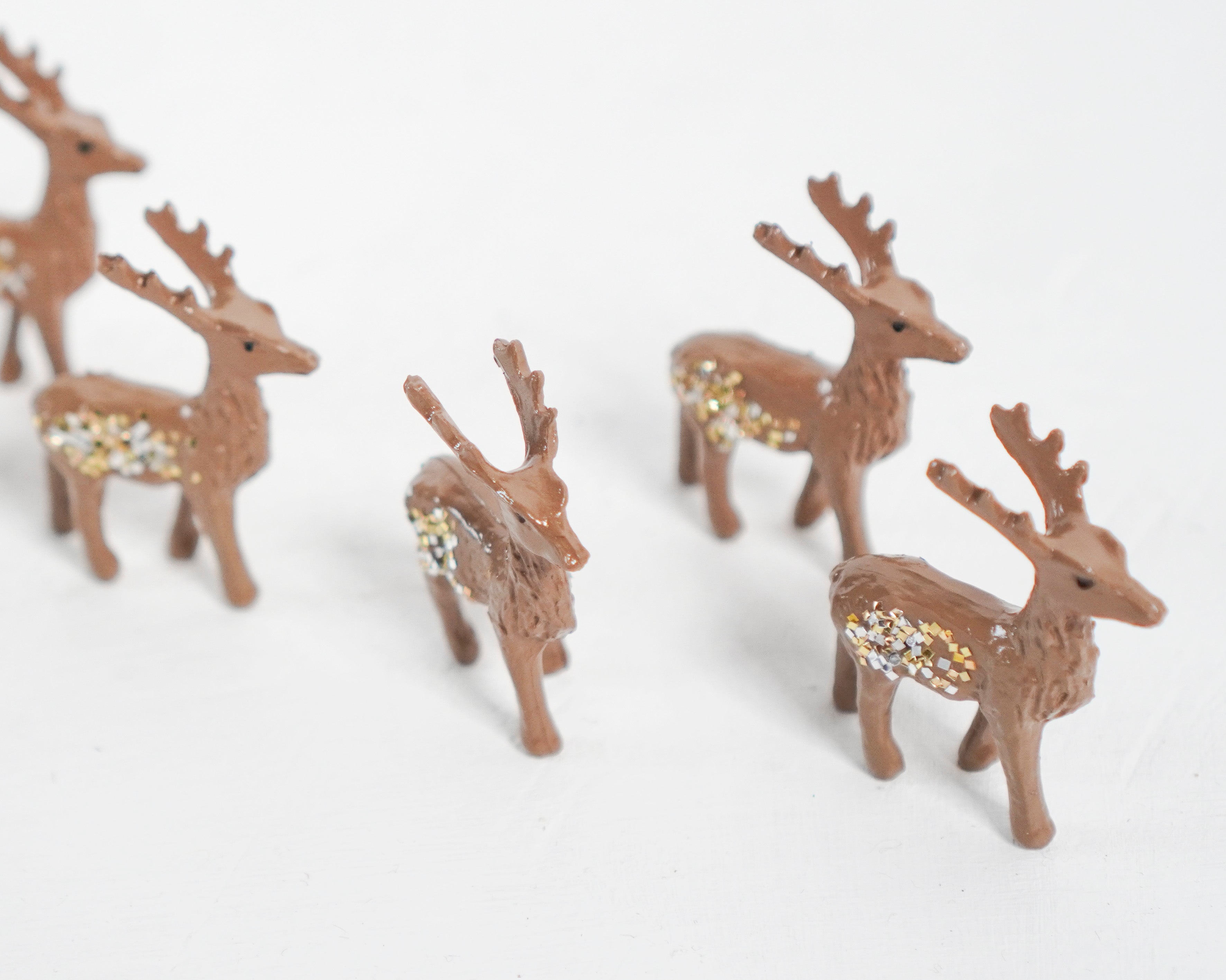 Miniature Deer - 6 Brown Plastic Reindeer Figurines with Glitter