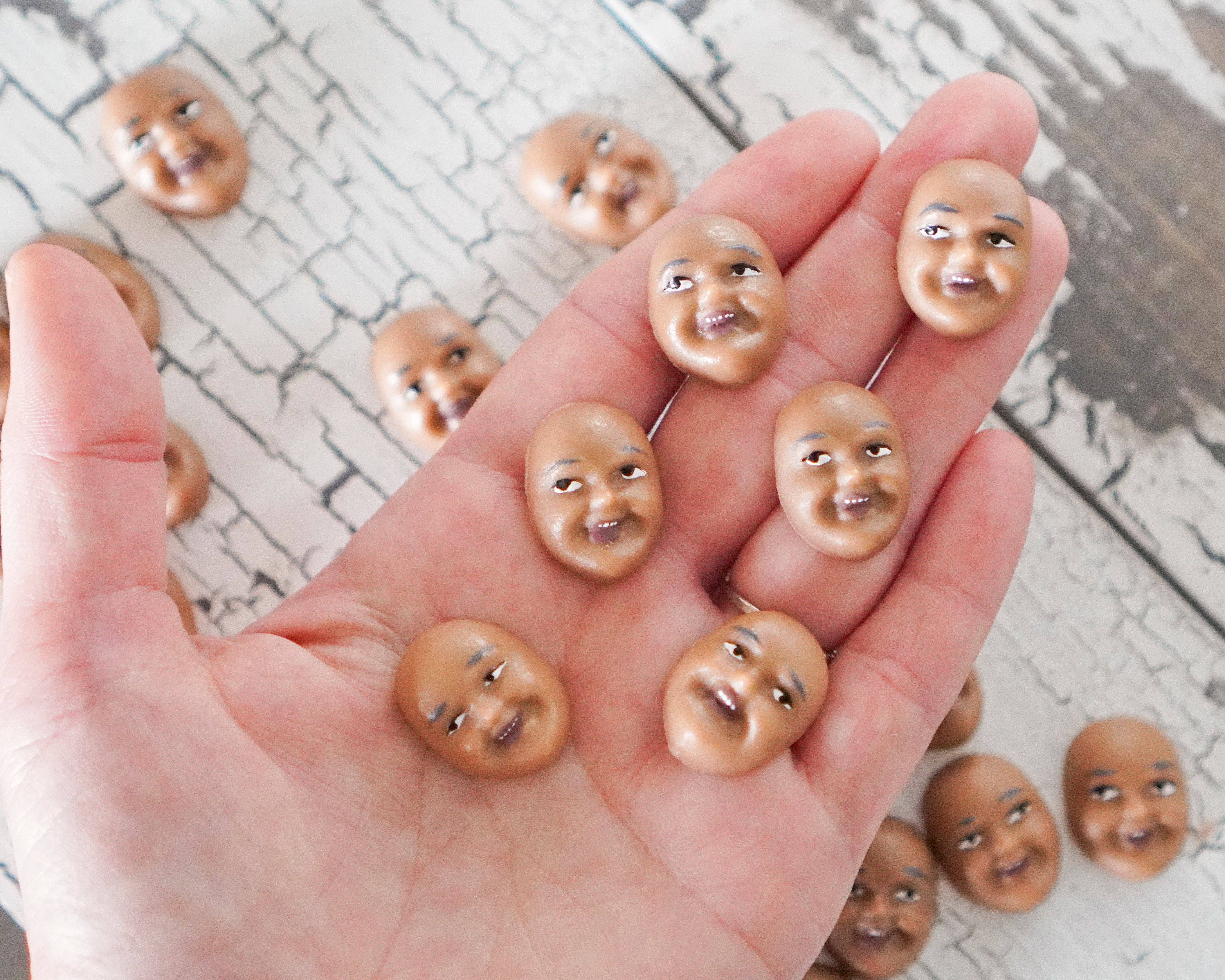 Singing Elf Faces, Brown - Miniature Plastic Face Cabochons for Crafts, 12 Pcs.