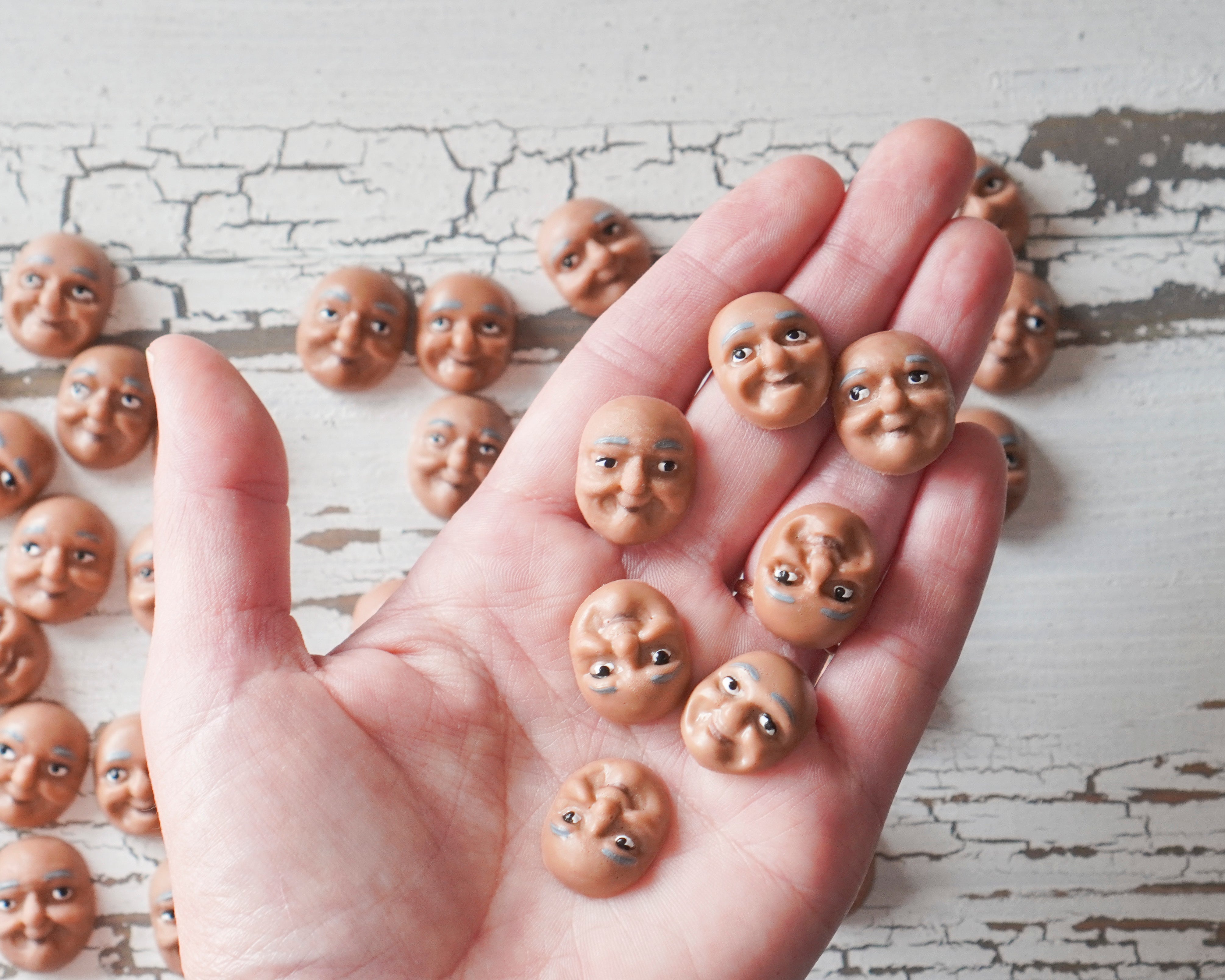 Elf Faces, Brown - Miniature Plastic Face Cabochons for Crafts, 12 Pcs.