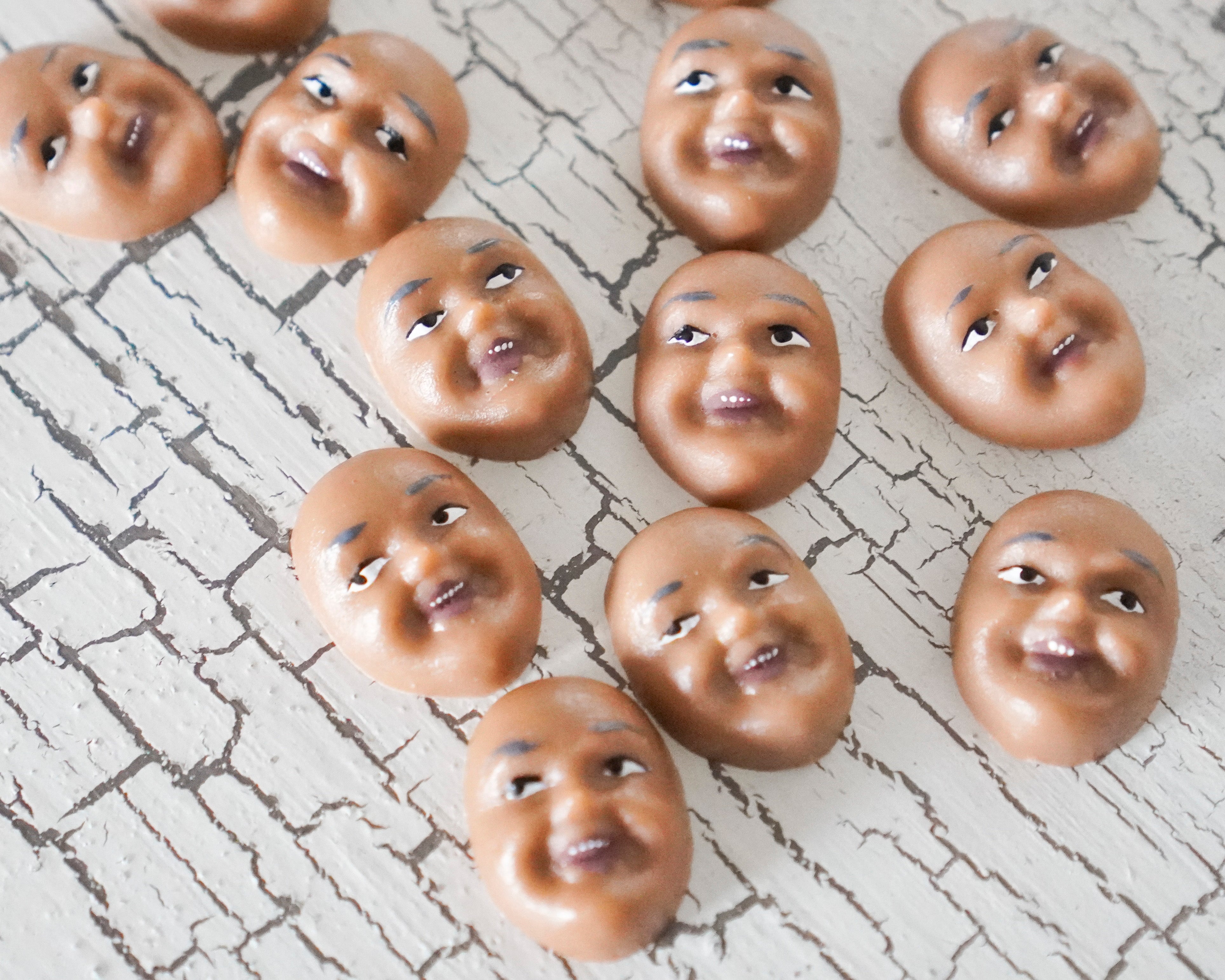 Singing Elf Faces, Brown - Miniature Plastic Face Cabochons for Crafts, 12 Pcs.