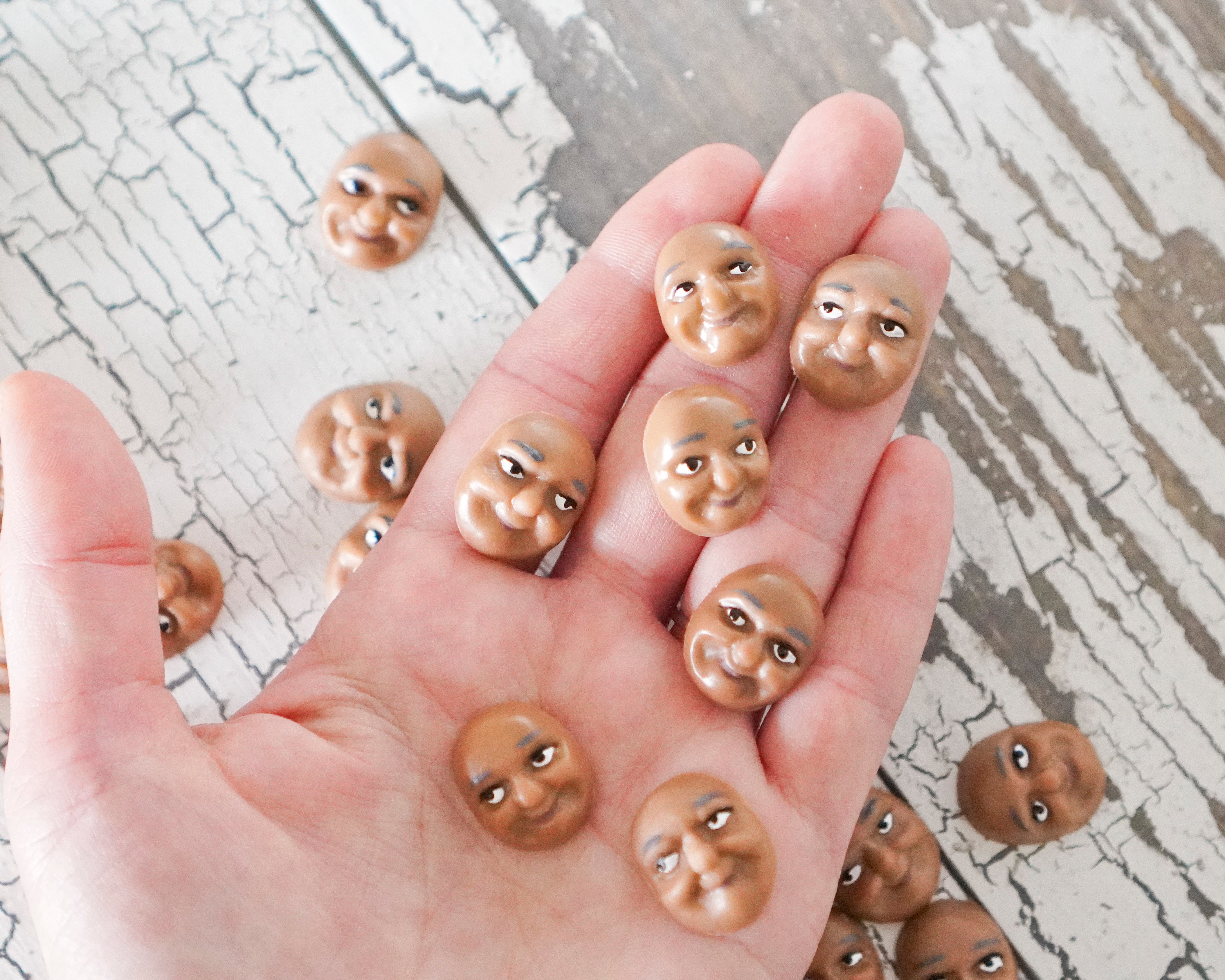 Elf Faces, Brown - Miniature Plastic Face Cabochons for Crafts, 12 Pcs.