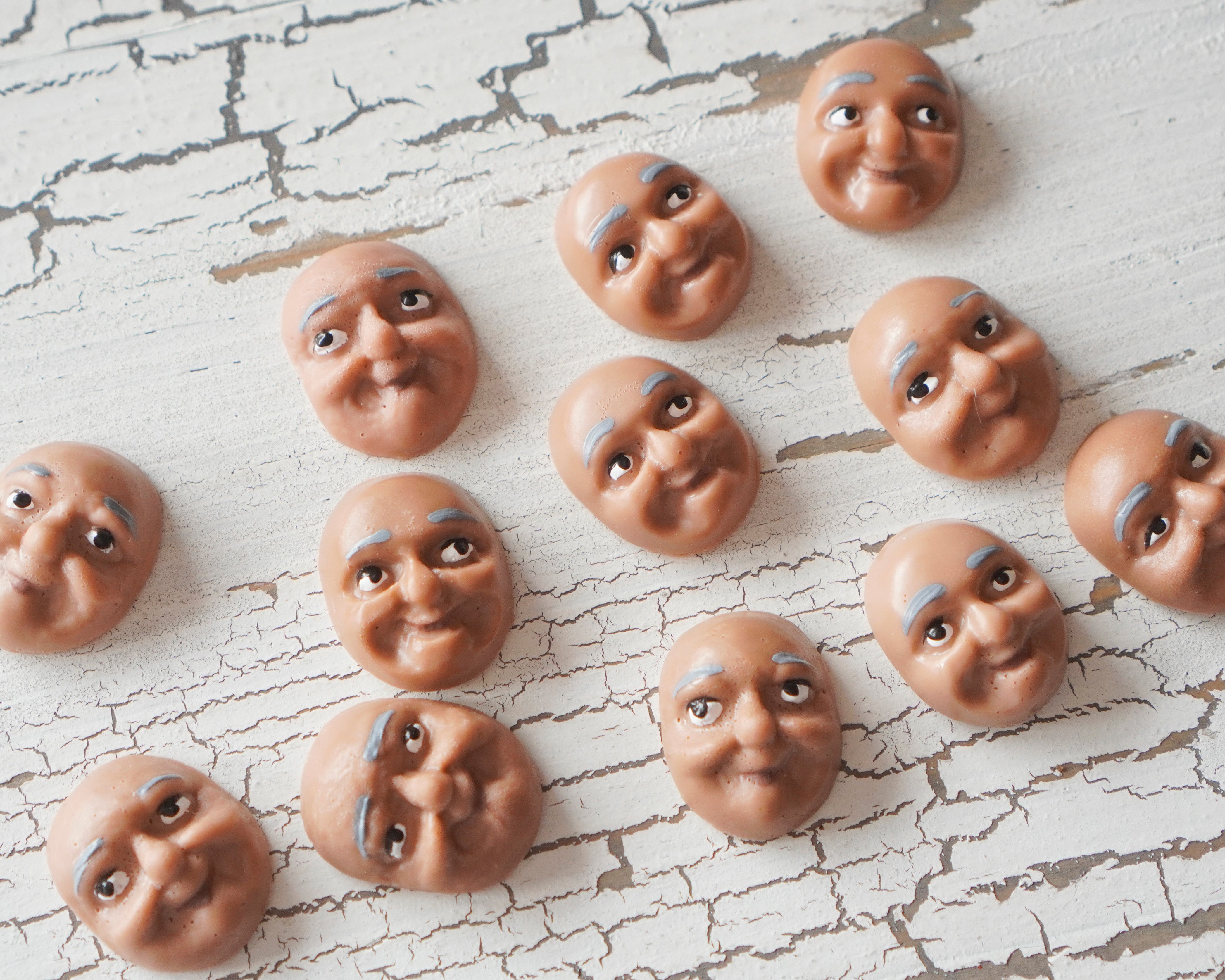 Elf Faces, Brown - Miniature Plastic Face Cabochons for Crafts, 12 Pcs.