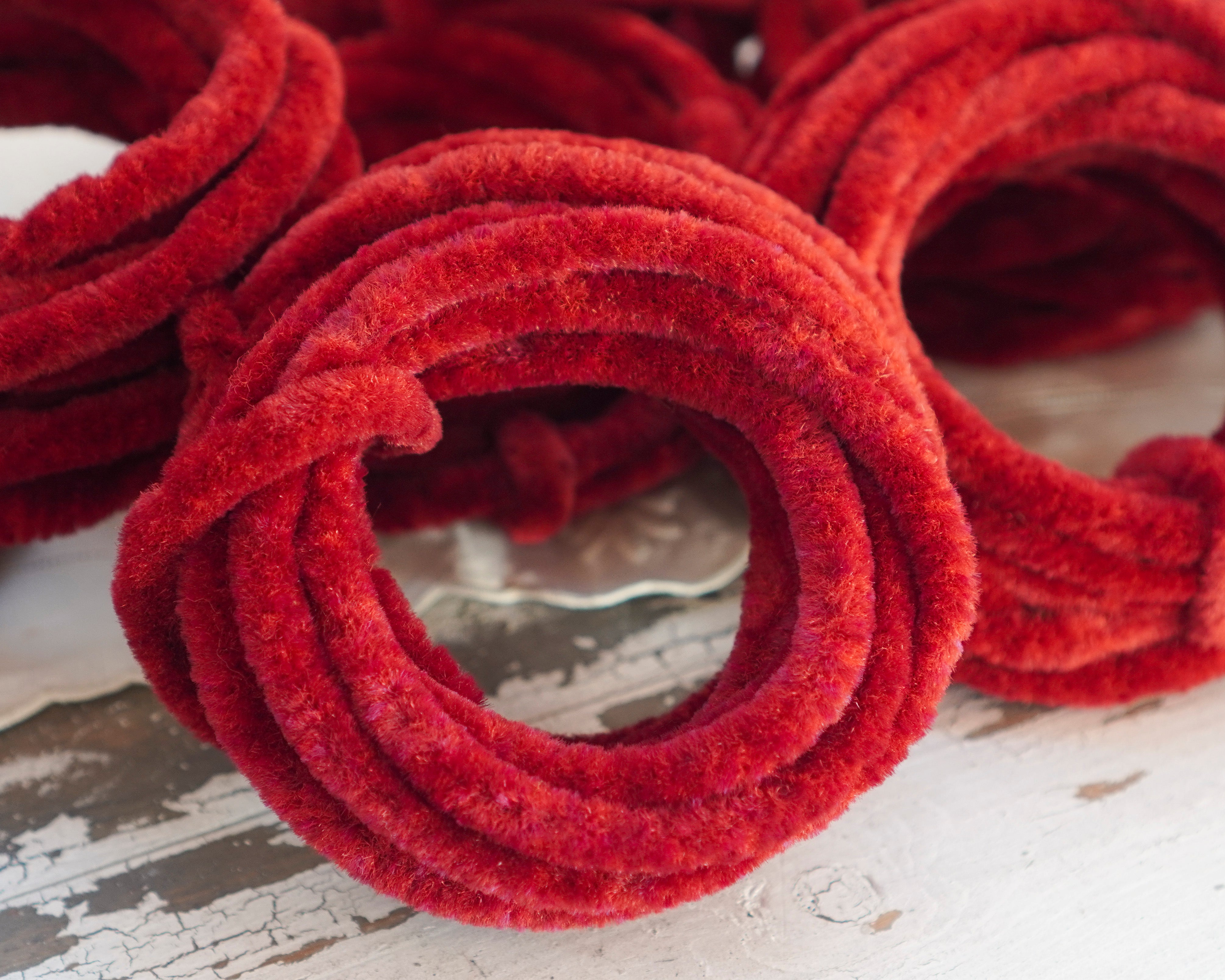 Burgundy Red Chenille Roping - 3/8" Vintage Stock Wired Craft Trim, 3 Yds.