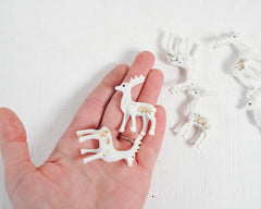 Glitter Deer - 6 Miniature Creamy White Plastic Reindeer with Vintage Glitter