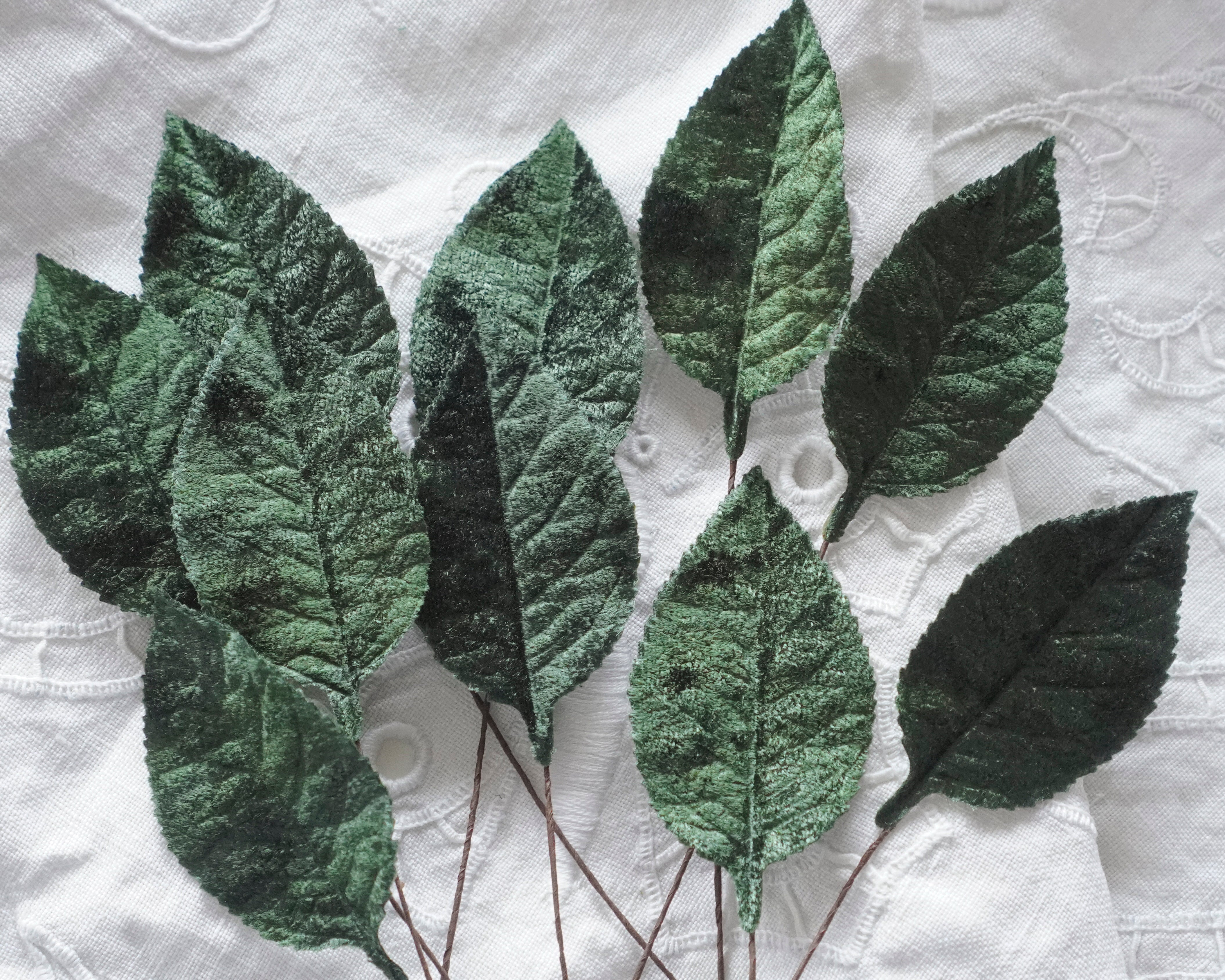 Green velvet leaves on a textured white fabric background