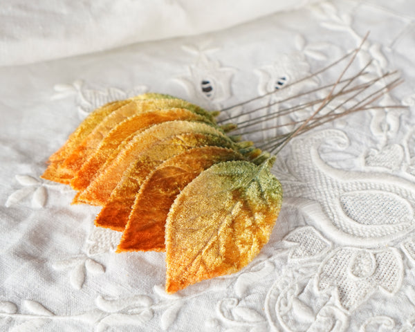 Velvet Leaves - Variegated Golden Autumn Craft Leaf Stems, 10 Pcs.